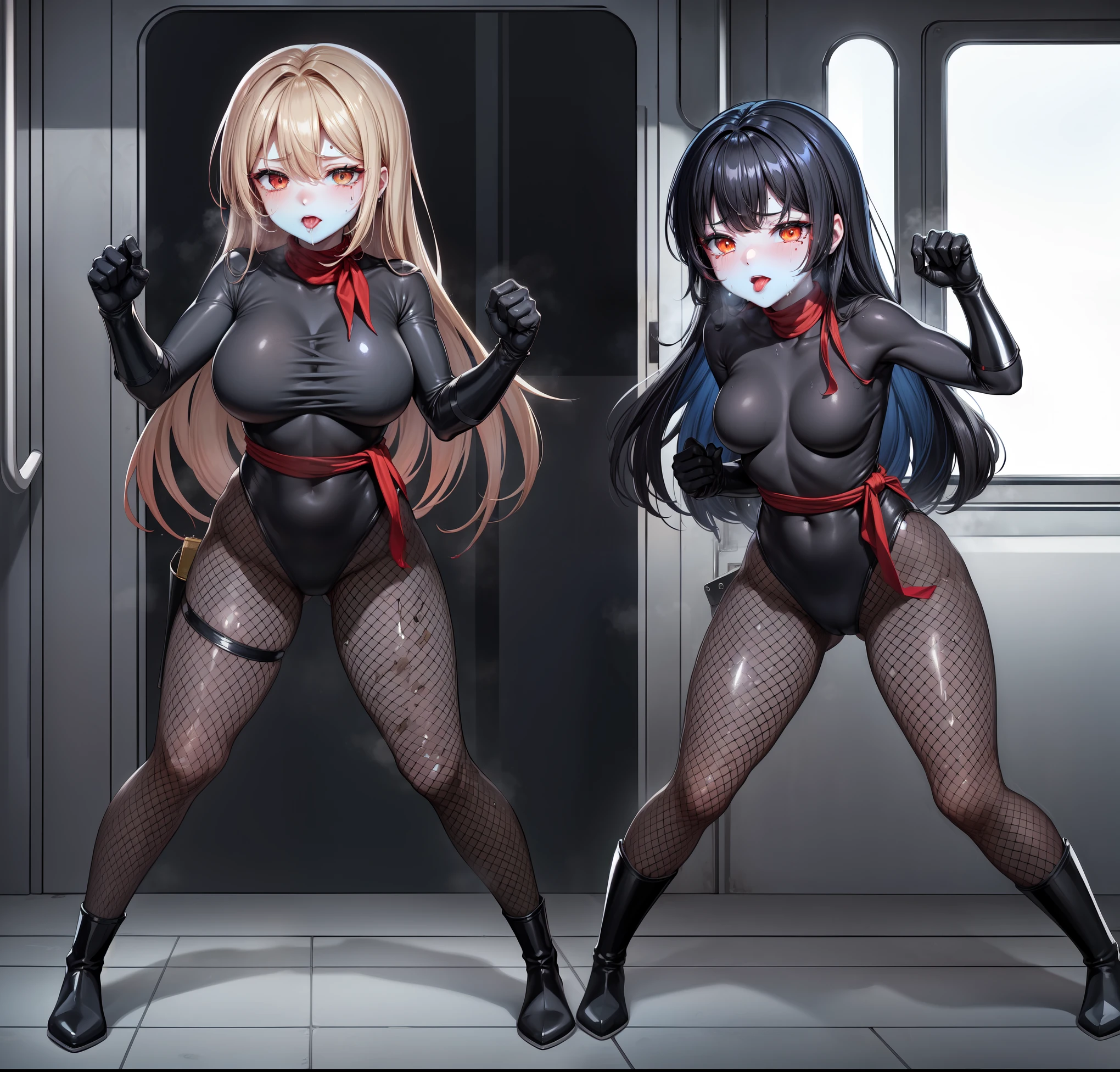 mother and daughter, long hair, ????????????, huge ???, wide ????, expressionless, leotard, milf, platform heels, hypnotized, garrison cap, saluting, standing at attention, looking at you, full body shot, thick thighs, HD, 4K, high details, full body shot, symbol-shaped pupils, heart-shaped pupils, expressionless,