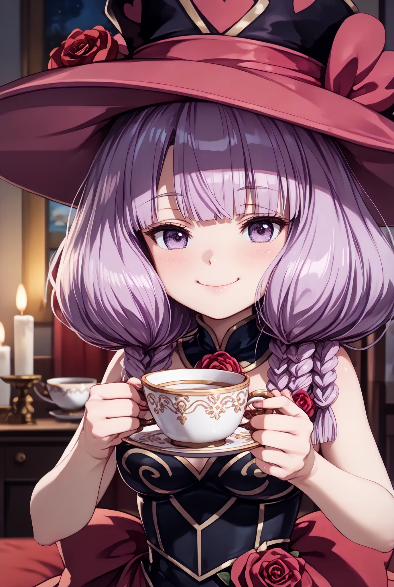 masterpiece,Super Detailed,beautiful faces,And high-precision,cute devil girl,(One Woman),(wearing a big magic hat:1.5),I'm sitting on the devil's dim bedroom bed,behind her bed is devil's candlestick、candlelight,external, Expression of victory ,I'm sitting on the devil's dim bedroom bed少し赤い下着,thin赤紫色の髪,thin, Eyes rise,Light Purple Eyes,voluminous bob hair,(Close her mouth and make her laugh:1.2),(I have a teacup in her right hand:1.5),very cute,doing a devil's ceremony,My cheeks are blurry and red, (Cowboy Shots:1.ternal expression,