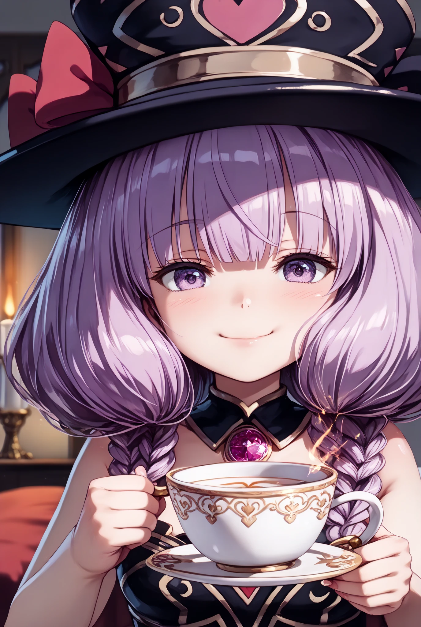 masterpiece,Super Detailed,beautiful faces,And high-precision,cute devil girl,(One Woman),(wearing a big magic hat:1.5),I'm sitting on the devil's dim bedroom bed,behind her bed is devil's candlestick、candlelight,external, Expression of victory ,I'm sitting on the devil's dim bedroom bed少し赤い下着,thin赤紫色の髪,thin, Eyes rise,Light Purple Eyes,voluminous bob hair,(Close her mouth and make her laugh:1.2),(I have a teacup in her right hand:1.5),very cute,doing a devil's ceremony,My cheeks are blurry and red, (Cowboy Shots:1.5),external expression,