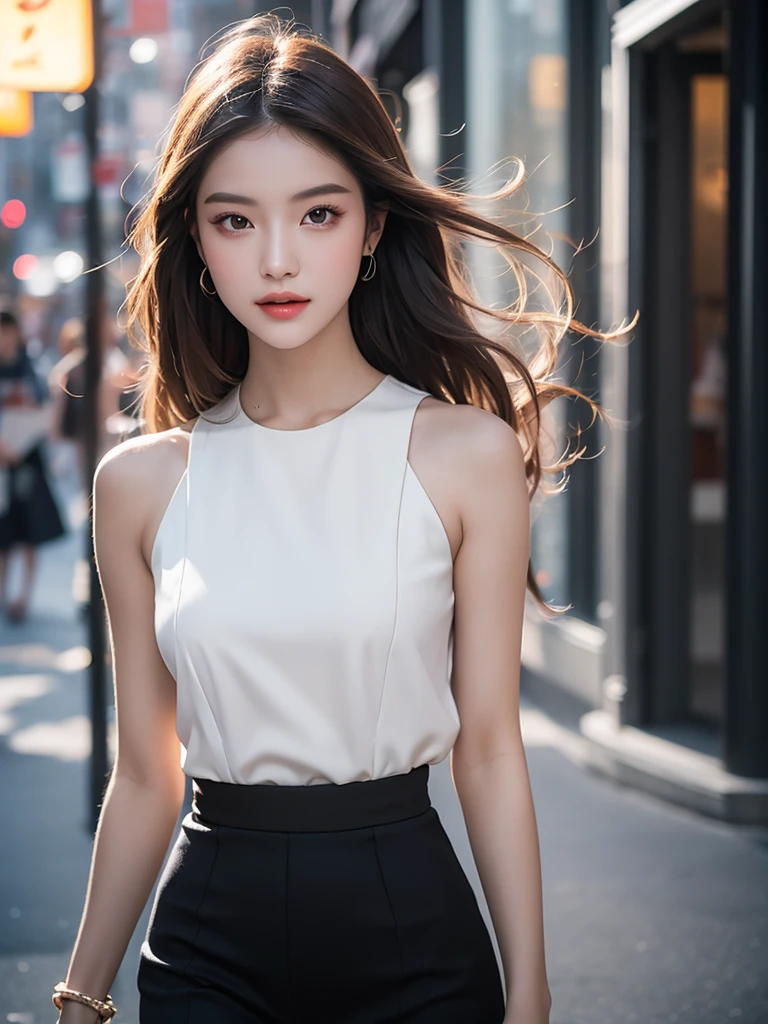 (((best quality))),(((ultra detailed))),(((masterpiece))),illustration,1girl,slim,sun-kissed skin,vibrant rose-pink cotton dress,short ponytail,flat chest,navel,pantyhose,standing, bustling city streets, honking cars,surrounded by crowded crowds, colorful advertisements,grilled skewers,enjoying sights and sounds,(dark black skin:1.5),day scene,upper body