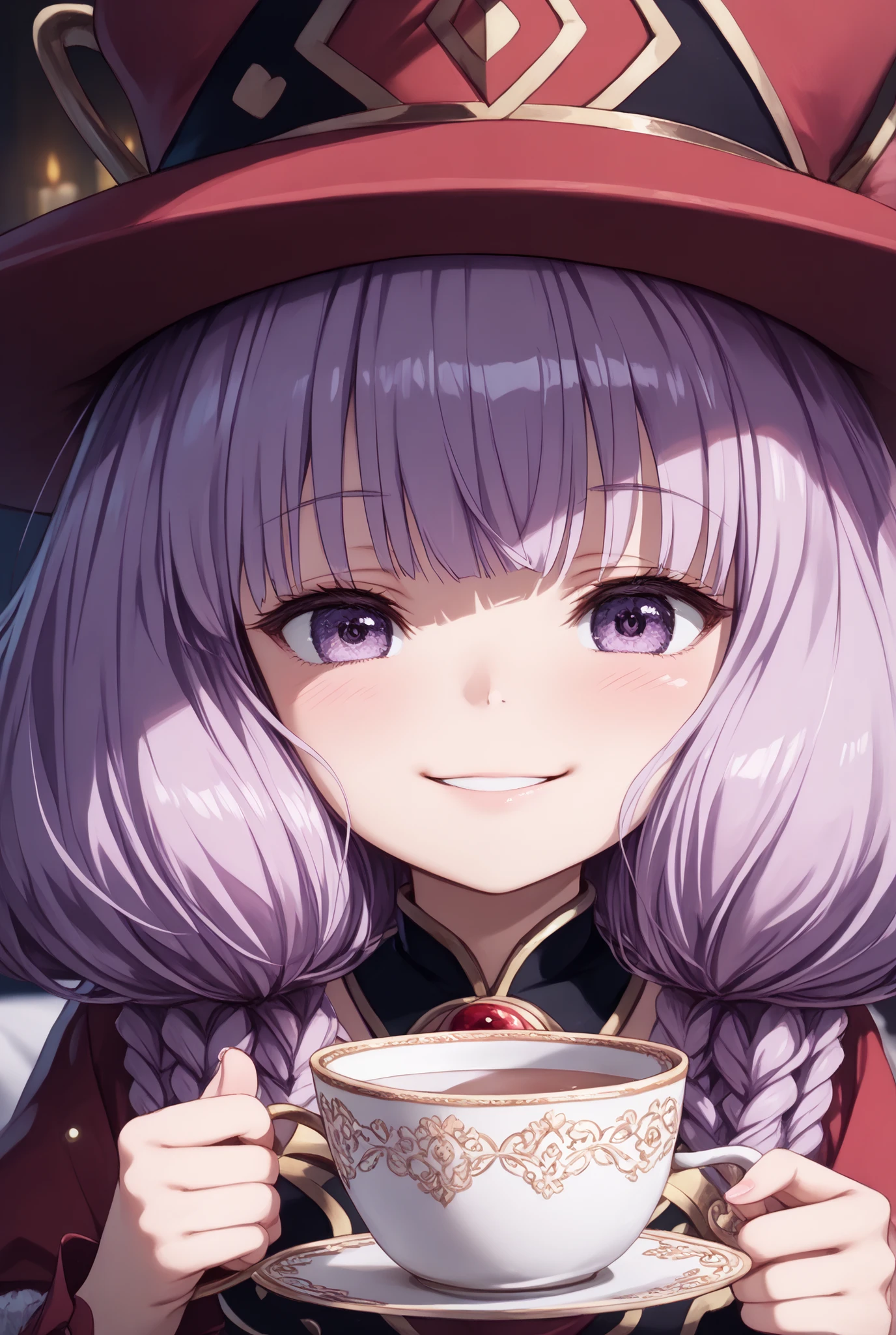 masterpiece,Super Detailed,beautiful faces,And high-precision,cute devil girl,(One Woman),(wearing a big magic hat:1.5),I'm sitting on the devil's dim bedroom bed,behind her bed is devil's candlestick、candlelight,external, Expression of victory    ,I'm sitting on the devil's dim bedroom bed少し赤い下着,thin赤紫色の髪,thin, Eyes rise,Light Purple Eyes,voluminous bob hair,(Close her mouth and make her laugh:1.2),(I have a teacup in her right hand:1.5),very cute,doing a devil's ceremony,My cheeks are blurry and red, (Cowboy Shots:1.ternal expression,