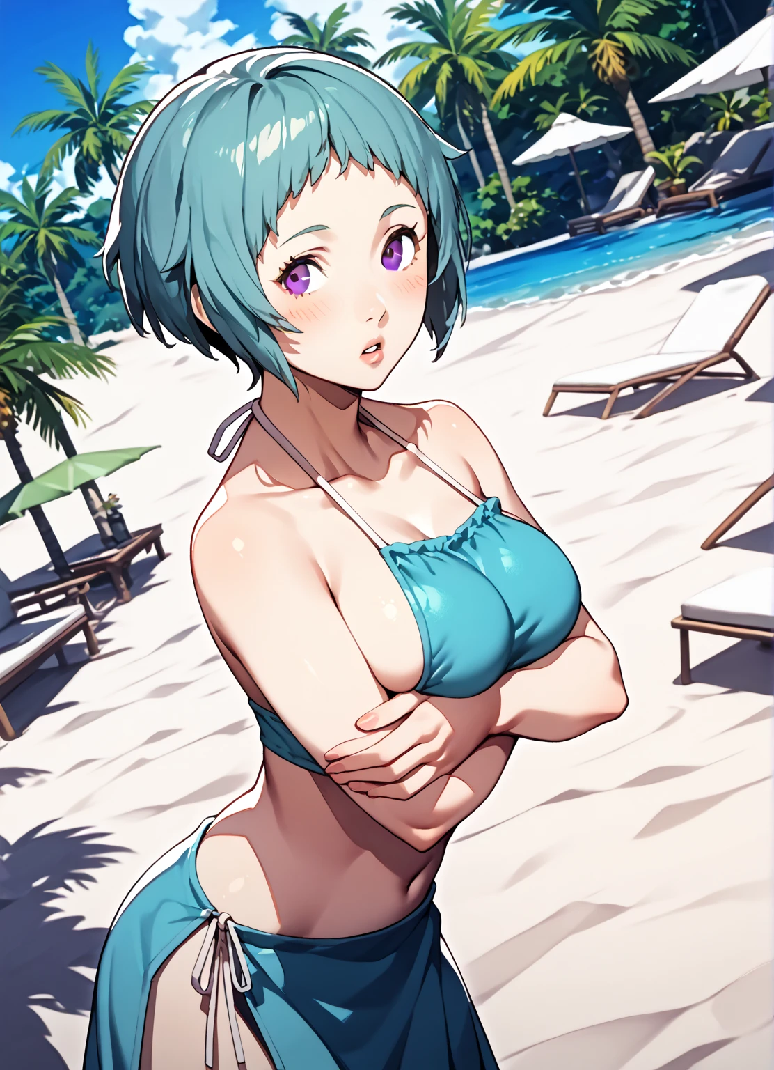 （（（masterpiece、Highest image quality、highest quality、highly detailed unity 8ｋwallpaper）））、（（Illustration of one girl））、（（（beautiful girl）））、（（green hair、very short hair：1.７、sidelocks、purple eyes））、（stocky build, thickset physique, muscular legs：1.5, broad shoulders, solid ?????：1.6）、swimsuit、sandy beach