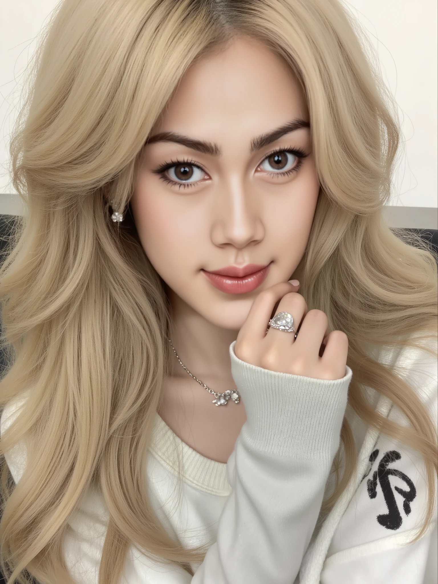 a Close up of a woman with long blonde hair and a black and white shirt, blonde hair with bangs and big eyes, Parque Roseanne do Blackpink, longos blonde hair and big eyes, long blonde hair and big eyes, Cl, portrait of japanese gyaru, popular South Korean makeup, popular Korean makeup wearing earings and necklace , Lalisa Manobal, beautiful young Korean woman, auto correct detail fingers , perfect hands , happy vibes beauty smile , smiling open mouth confident showing teeth.