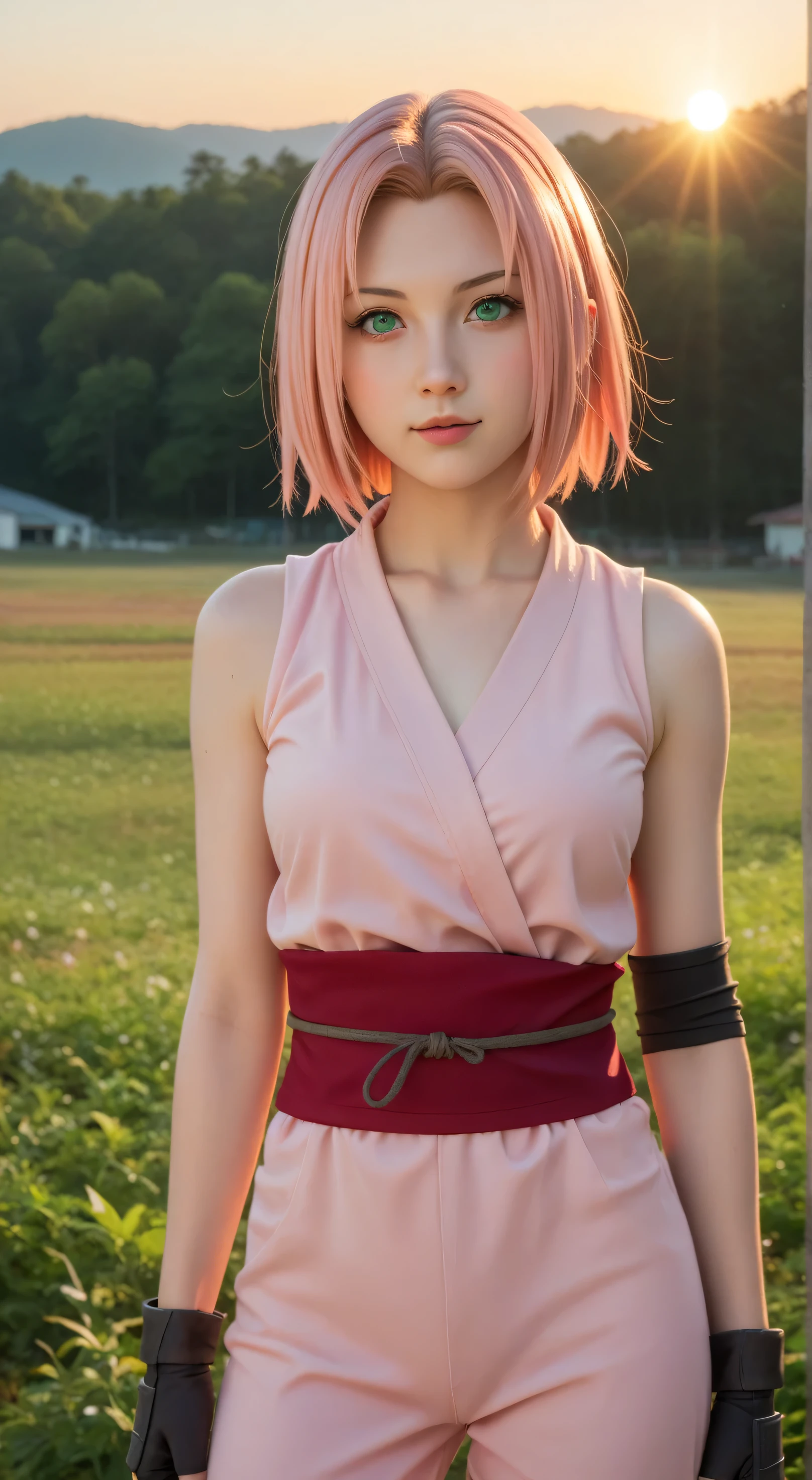 1girl, solo,haruno sakura,emerald eyes,pink hair,short hair,outdoors,potrait,small breast,nature, standing on junk yard,sidelocks,(sunset lighting:1.5),red sunset,looking at viewer, front view,close up,black glove,(junk yard background background:1.5),(ninja outfit:1.5)