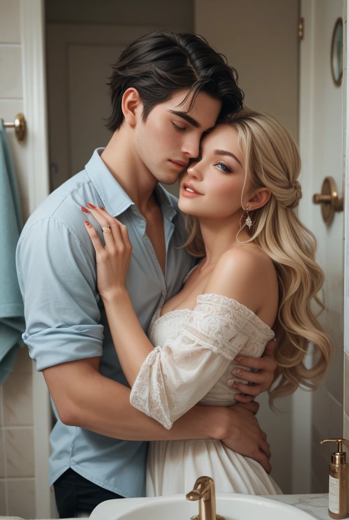 Summer morning, sunrise, light breeze, in a cozy cabin of a luxury yacht a couple sleeps on a large bed: 1 woman (an incredibly beautiful young femme fatale-blonde with blue eyes and long golden hair reaching to the waist, wearing short pajamas with thin lace, romantic appearance) and 1 man (tall, handsome, a manly, athletic young man - platinum blond, he has blue eyes, tanned skin, long straight platinum hair, he is dressed in simple cotton pants), he hugs her. The ocean breeze. Masterpiece, perfect image, realistic photos, full-length image, 8K, detailed image, extremely detailed illustration, a real masterpiece of the highest quality, with careful drawing. glow.