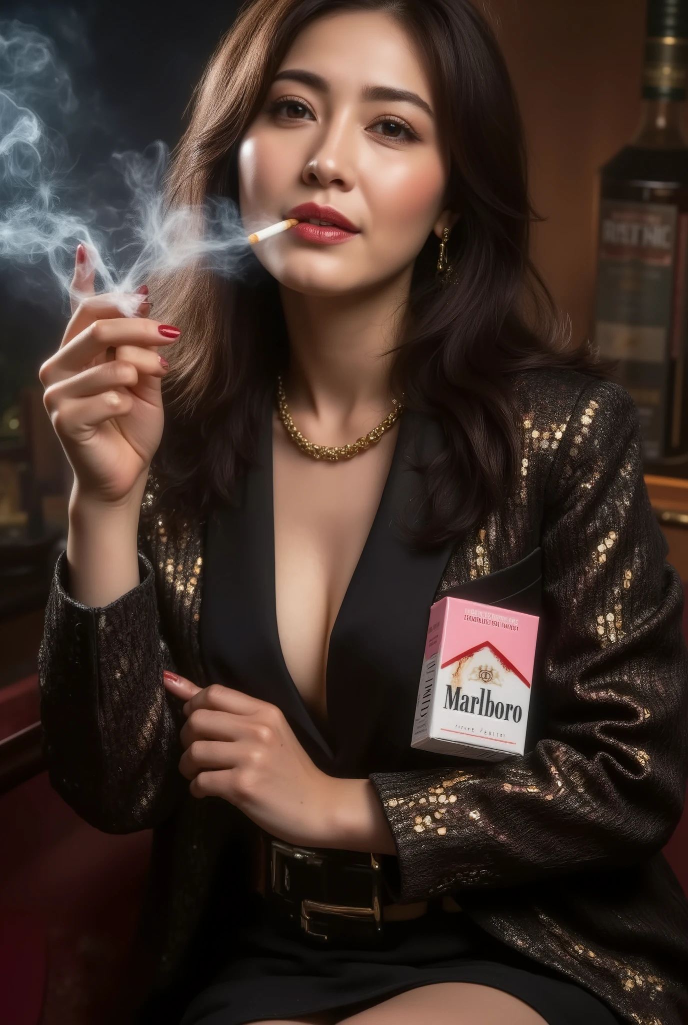 A beautiful mature woman, 45 years old (smoking: 0.8), (holding a cigarette in her mouth), ((((hyper-realistic image of a pink and white Marlboro Menthol box))), ((holding a pink and white Marlboro Menthol box in her hand)), ((putting a Marlboro Menthol box in her breast pocket), ((holding a pink and white Marlboro Menthol box between her chest and cleavage), pink Marlboro box standing, ((((ultra-detailed, exquisite detail, ultra-clear, ultra-high resolution, high resolution, exquisite detail, exhaling smoke from her mouth and nose))), standing with a gold Marlboro box, (Chanel jacket), ((((Suntory VSOP Frosty 660ml) is on the table)))), ((ultra-detailed, exquisite detail, high detail, major detail, super high quality, high resolution, exquisite, holding a brown filter cigarette with bright red lipstick in her mouth)), ((blows cigarette smoke in her face and begins to smoke secretly, lights the cigarette and begins to smoke)), ((hostess). Butt in ashtray, ((pouring a fine liquor)), ((drinking alone)), downtown club, ((very sparkly black dress)), seductive, wearing a gold necklace, slim and toned waist, smiling at the audience: 1, 2, ((Stylish nails)), super long brown hair, highly detailed face and skin texture, fine grain, double eyelids, sexy, ((Full body)), ((Cabaret)), ((A glittering, unrealistic world)), fingers with red nail polish, ((Slightly swollen breasts)), crying face, fresh and clean skin, red glossy lips, small mouth, ((Depth of drawn border 1, 2)),