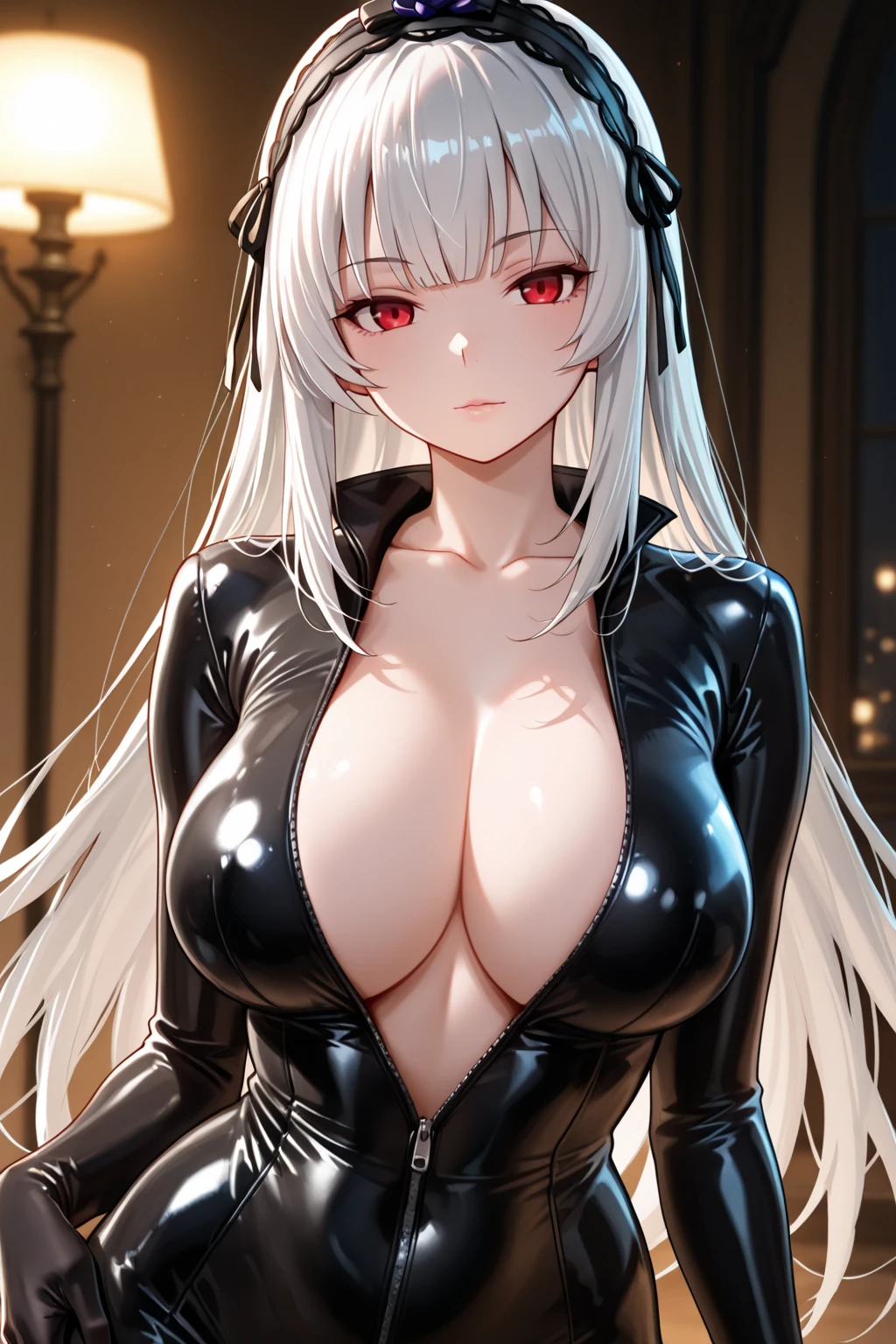 character on left of screen, ???? girl, black dress, tight clothing, slave, metal collar on neck, curvy, answering the door, white hair, long hair, long curly hair, cleavage, big ?????, romantic, ?????????, standing up, absurdres, high res, ultrasharp, 8K, masterpiece, looking up at viewer, high camera angle, looking down on character