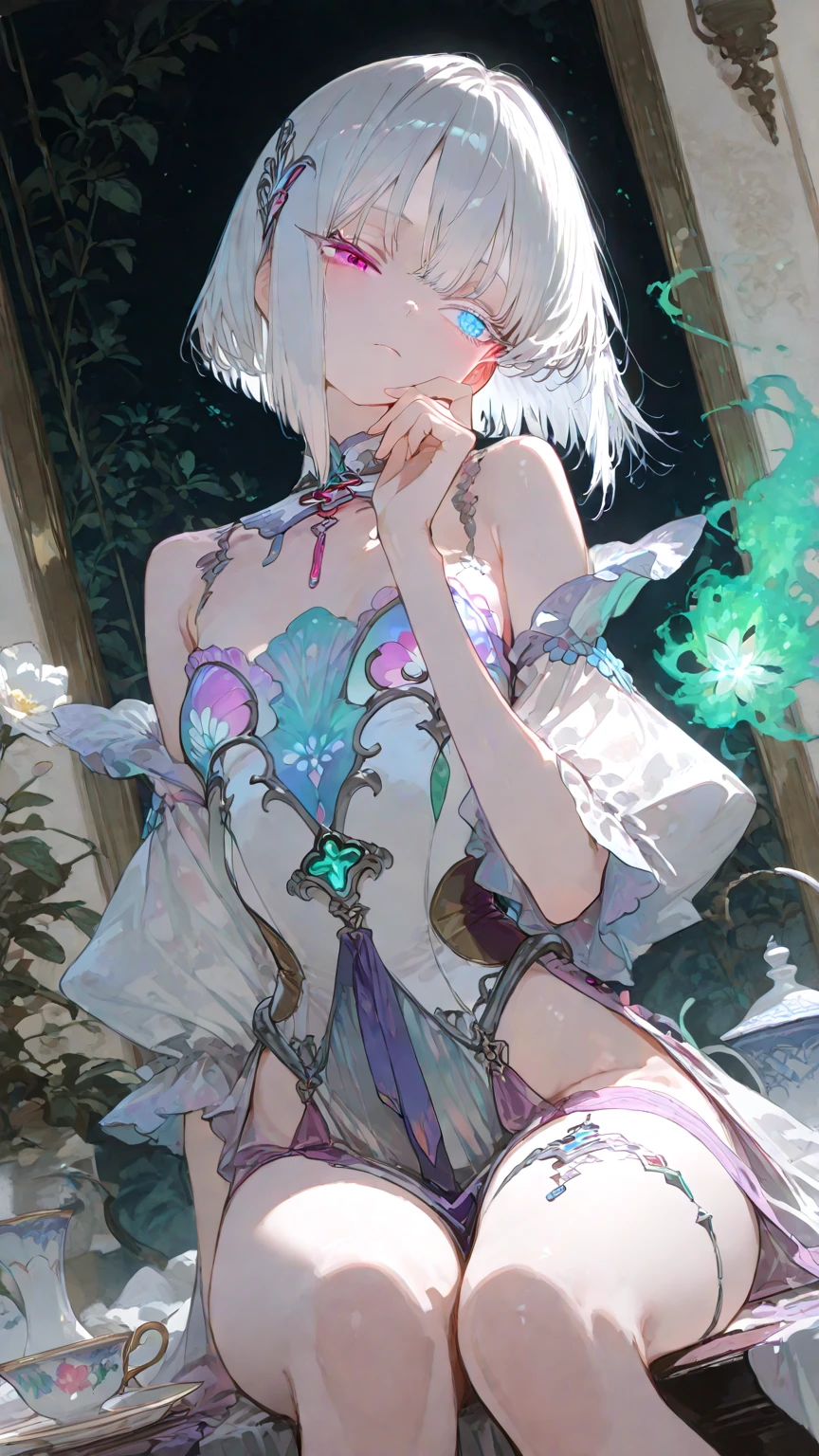 (((1girl))), ((best quality)), ((masterpiece)), ((ultra-detailed)), (illustration), (detailed light), (an extremely delicate and beautiful), (beautiful detailed eyes), (sunlight), ((extremely light)),  ((extremely clothes)), (((hyper detail))),(((((front lighting))))),(((((front light))))),

((((quite adorable magical dress with brief skirt and robe and magical Tiara)))),
, ((((Master alchemist)))), 

(((short curly manish bob))), ((((platinum blonde)))), (((short hair))),
(((clear green eyes))), 

((((whole body)))), aged 5 to 8, ((((())))), (((((quite adorable young girl))))),
(((condescending expression))), (mischievous smile with sexual satisfaction),  (((extra adorable))), (((extra slender shape))), 
(((extremely beautiful detailed face))),

((elegant magic gloves)),
((elegant magic boots)), 
(((bravely and dynamically curing companions with a Magic of Create Potions))), ((Dutch angle)), (magical pale green panties), 
(((()))),
(((extremely thin thighagical stockings)))