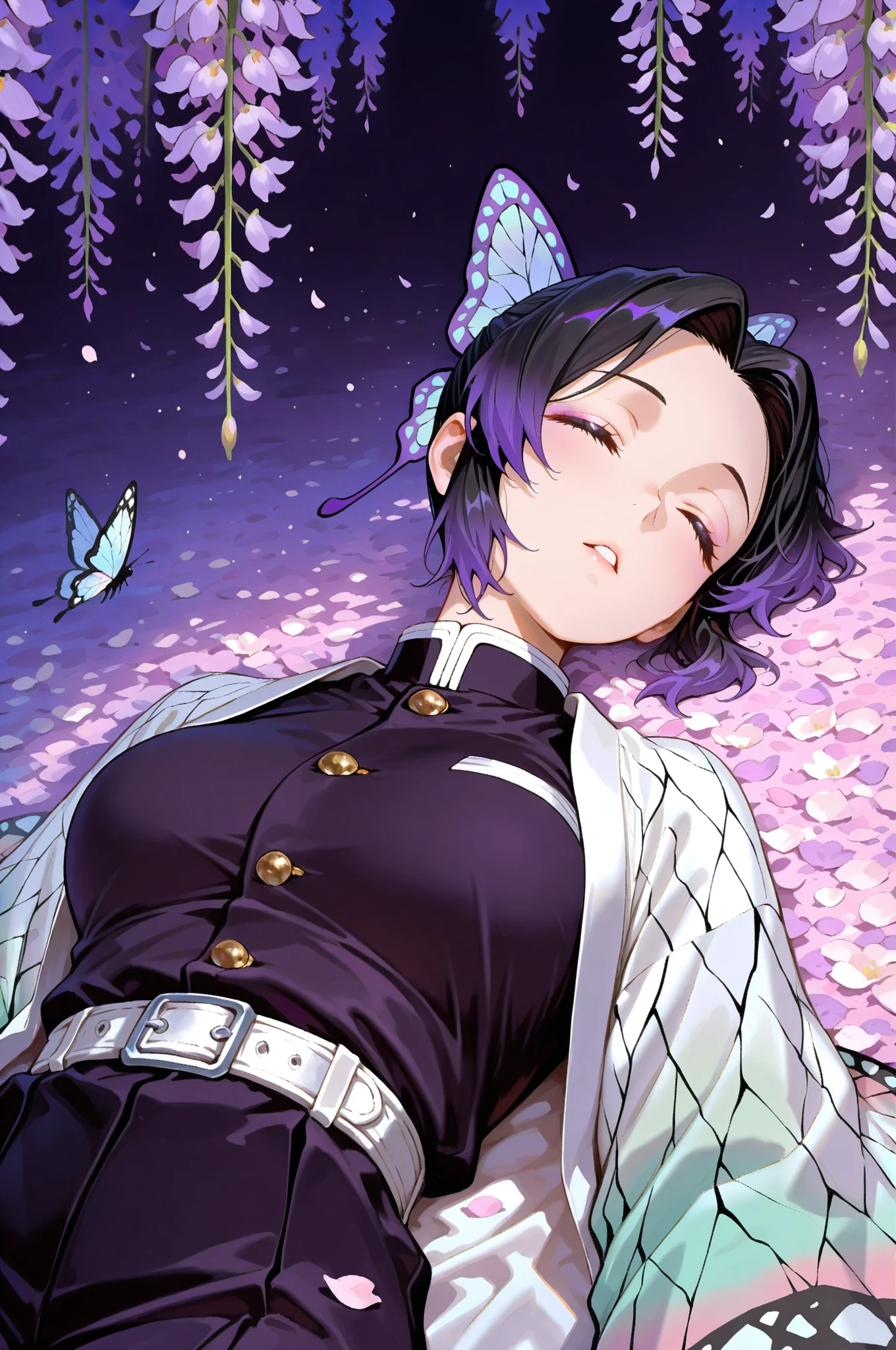 very aesthetic,masterpiece,best quality,painting \(medium\), 1girl, demon slayer uniform, kochou shinobu, solo, hair ornament, haori, purple hair, closed eyes, flower, butterfly hair ornament, lying, japanese clothes, on back, belt, multicolored hair, short hair, wisteria, black hair, petals, sleeping, gradient hair, parted lips, butterfly, breasts, upper body, uniform, jacket
