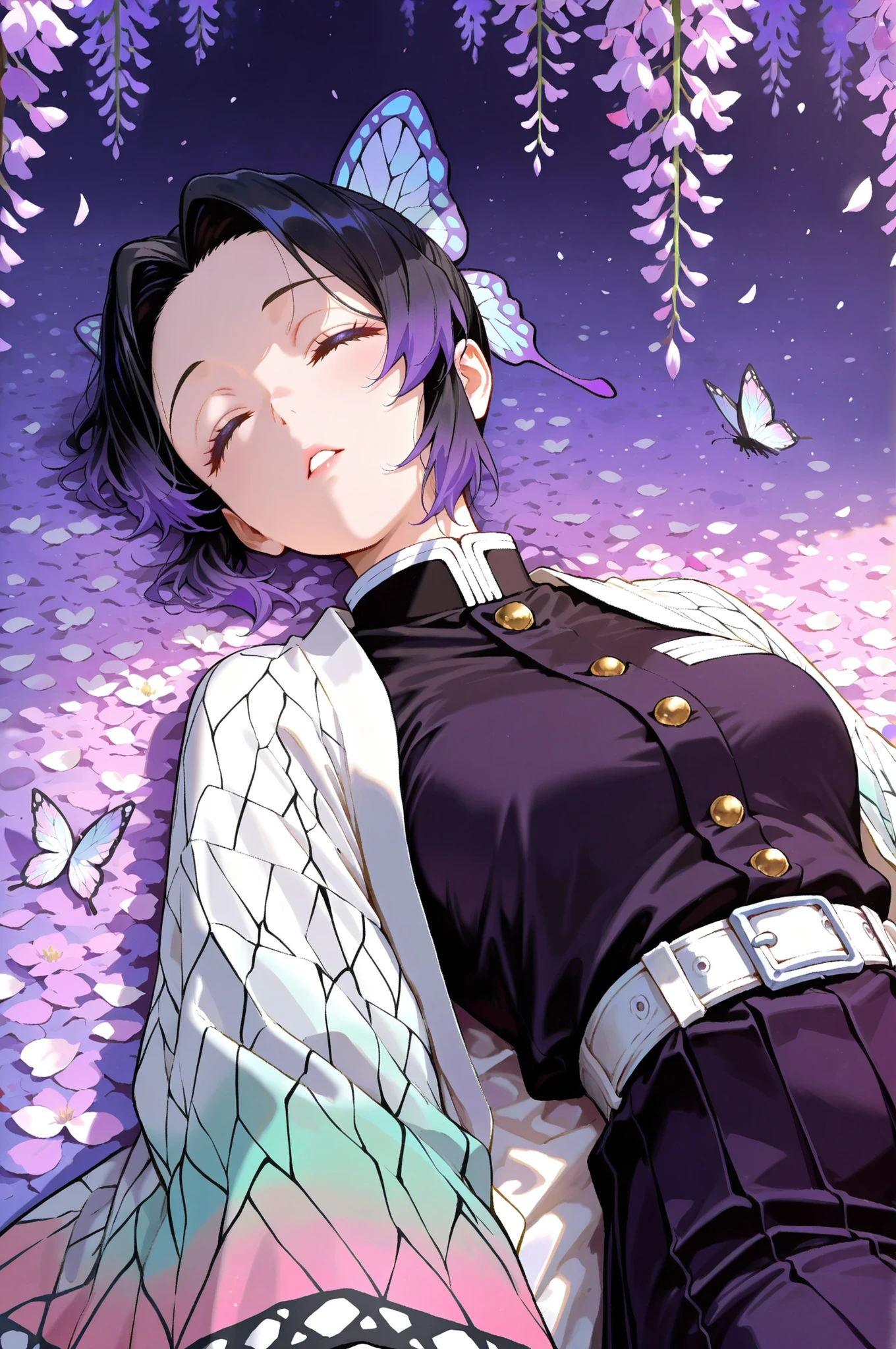 very aesthetic,masterpiece,best quality,painting \(medium\), 1girl, demon slayer uniform, kochou shinobu, solo, hair ornament, haori, purple hair, closed eyes, flower, butterfly hair ornament, lying, japanese clothes, on back, belt, multicolored hair, short hair, wisteria, black hair, petals, sleeping, gradient hair, parted lips, butterfly, breasts, upper body, uniform, jacket
