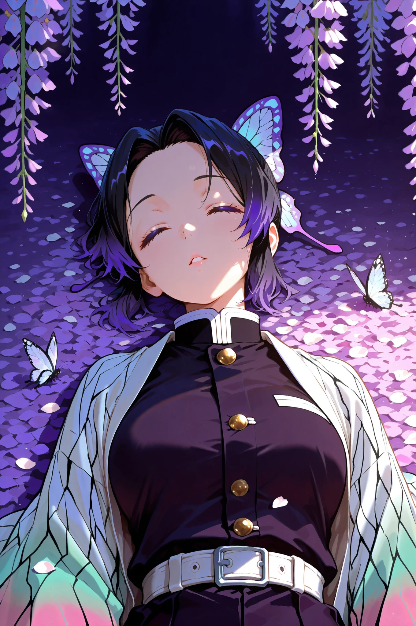 very aesthetic,masterpiece,best quality,painting \(medium\), 1girl, demon slayer uniform, kochou shinobu, solo, hair ornament, haori, purple hair, closed eyes, flower, butterfly hair ornament, lying, japanese clothes, on back, belt, multicolored hair, short hair, wisteria, black hair, petals, sleeping, gradient hair, parted lips, butterfly, breasts, upper body, uniform, jacket