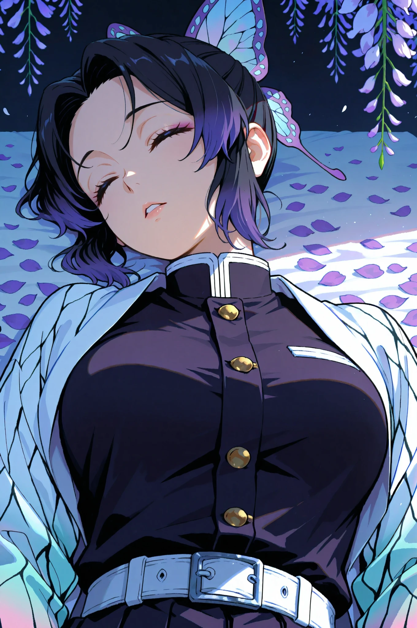 masterpiece, best quality, highres, 1girl, 独奏, kochou shinobu, butterfly hair ornament, purple eyes, multicolored hair, short hair, parted bangs, black pants, black jacket, long sleeves, belt, cowboy shot, forest, night, moon,((huge breast)),busty,skinny body,boobs tent,Hide your hands behind your back,((Proudly)),((blush))