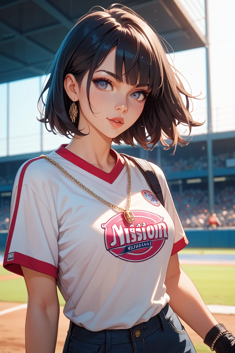 Baseball uniform、Large Breasts、Upper Body、Subjective、Glare、Afro-American、Girl、Stadium、Black Hair、Tan Skin、Shortcuts。