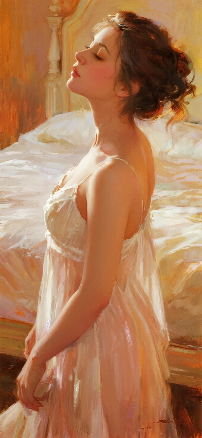 (masterpiece) situation in the bedroom, 1 woman on the bed, outside: costs (On knees:1.5), (costs на локтях и коленях:1.4),  legs spread, Side view, Smile on his face, ethereal and beautiful Hugo Boss model from the 1940s.., Beautiful painting with a very detailed face by Alphonse Mucha.., Craig Mullins, Greg Rutkowski, Magali Villanueva, (The most beautiful picture), (Without clothing:1.3), the whole body is visible, ideal body shape, view from waist level, luxury bedroom and interior