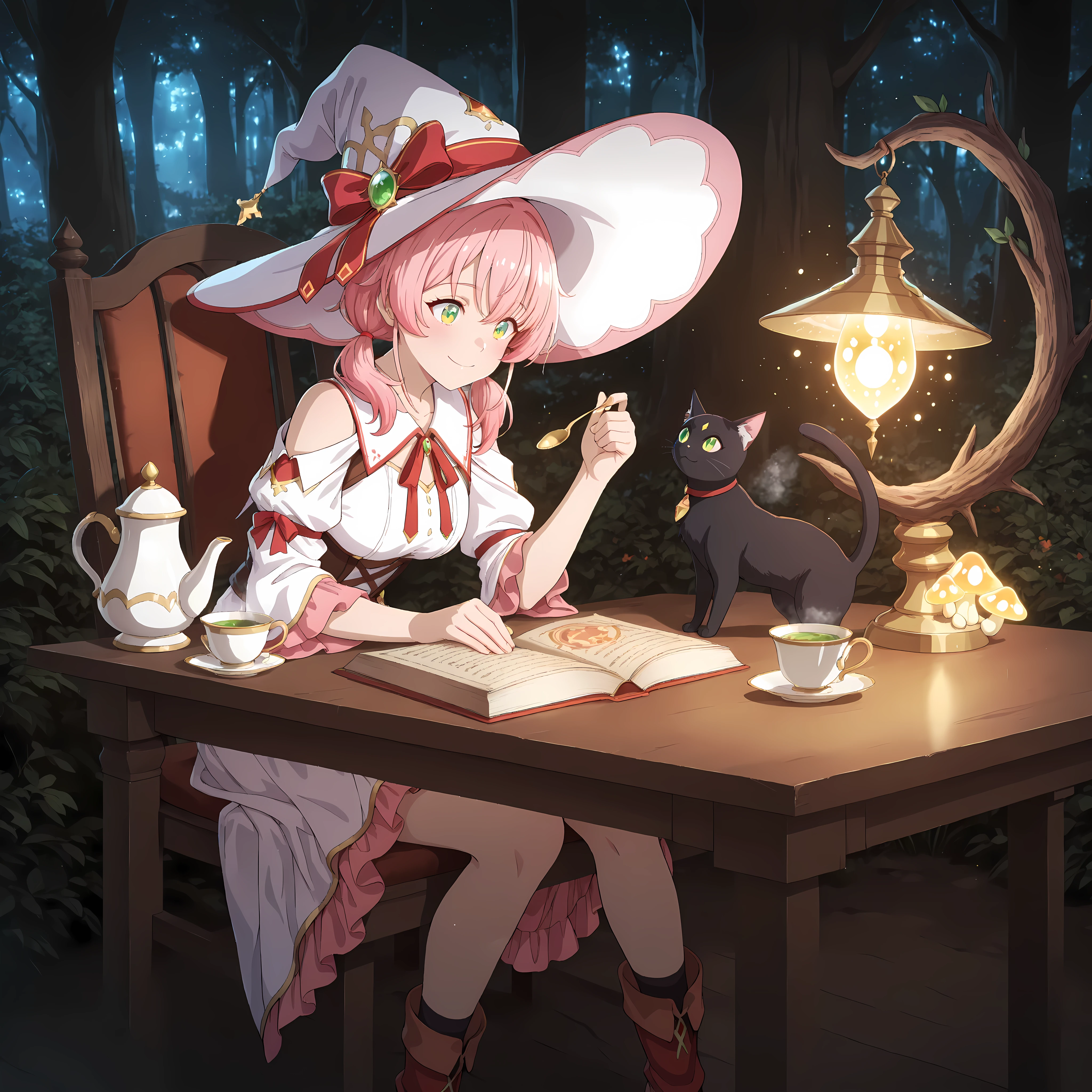 Fullbody, best quality, amazing quality, masterpiece, absurdres, ultra detailed, high quality, high resolution, high definition, detailed eyes, anime eyes, high detail eyes, multicolored iris, detailed iris, anime style, Yui (Yuusha Party wo Tsuihou sareta Shiromadoushi), short twintails, pink hair, green eyes, wearing a cute witch's dress and a stylish witch hat with a red ribbon, cheerful expression, enchanted forest tea party, sitting at a rustic table with a steaming magical teapot, whimsical teacups, and a spellbook, afternoon sunlight filtering through ancient trees, glowing mushrooms and magical flowers in the background, a black cat familiar playing nearby, smiling, mystical and enchanting atmosphere, dynamic composition, soft lighting, detailed background, cinematic lighting, vivid colors.
