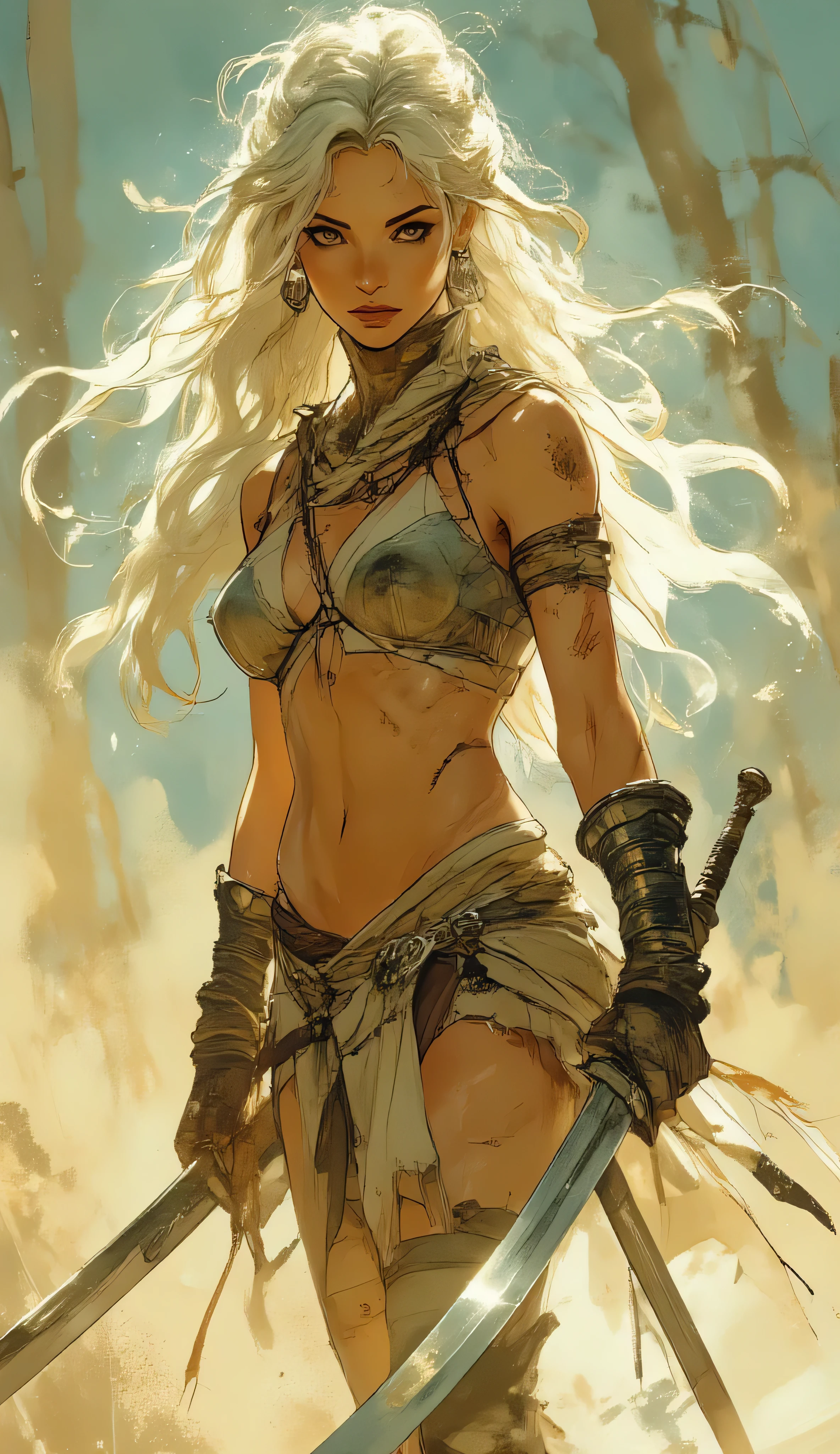 "A fierce and wild warrior stands in the middle of a dusty environment, wrapped in a soft light that emphasizes the details of her skin. Her long white hair is tied in a tail, with some locks that fall freely around her face. Her athletic and sinuous body is marked by scratches and bandages, symbol of past battles. She only wears a torn cloth thong and some wrapped headbands around the arm, at the leg and foot.

In her hands she holds two long curved swords, one raised above her head in an attack position and the other lowered along her side, pronta a colpire. Il suo sguardo, rivolto di lato, transmits determination and coldness. The background is blurry, with a dusty atmosphere that suggests a battlefield or a windy desert. The illustration has warm tones and soft shades, with an artistic touch that recalls an airbrush painting."(Close-up)
