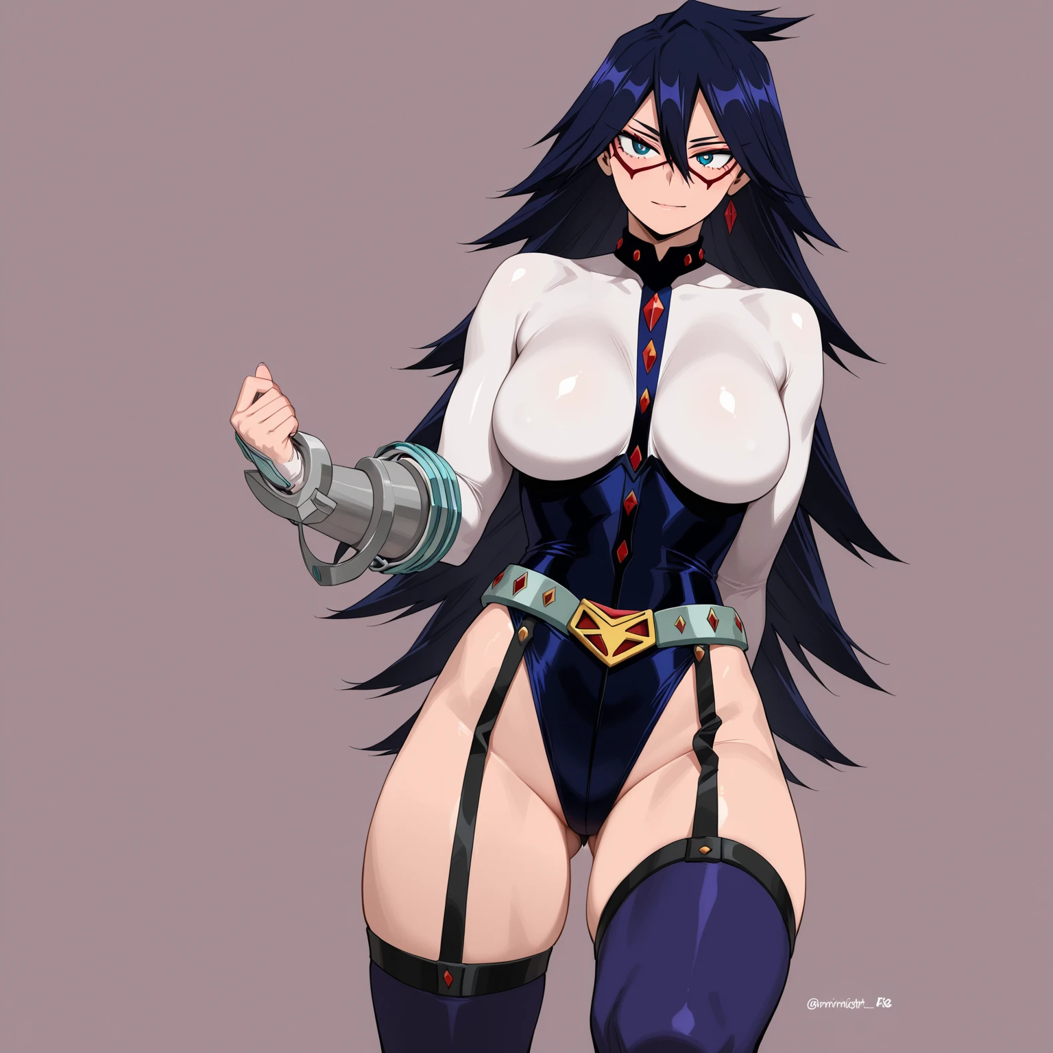 (extremely detailed CG unity 8k wallpaper), masterpiece, (best quality), (ultra-detailed), (best illustration), (best shadow), stadium, night, moonlight. 1girl, midnightmha, boku no hero academiam, purple hair, very long hair, blue eyes, large breasts, collar, white bodysuit, domino mask, thighhighs, black thigh boots, handcuffs, belt, garter straps, red gems, smirk