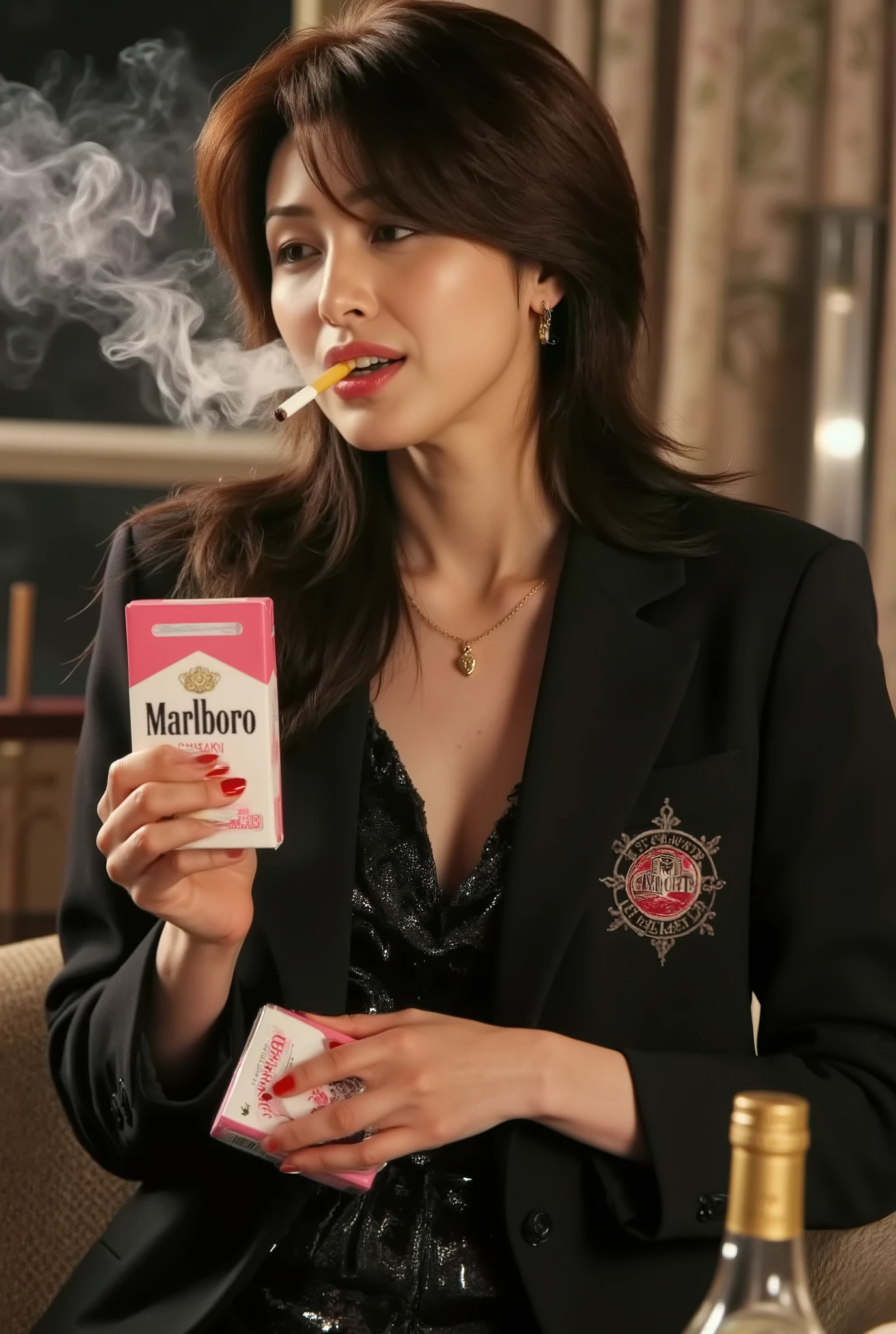 A beautiful mature woman, 45 years old (smoking: 0.8), (holding a cigarette in her mouth), ((((hyper-realistic image of a pink and white Marlboro Menthol box))), ((holding a pink and white Marlboro Menthol box in her hand)), ((putting a Marlboro Menthol box in her breast pocket), ((holding a pink and white Marlboro Menthol box between her chest and cleavage), pink Marlboro box standing, ((((ultra-detailed, exquisite detail, ultra-clear, ultra-high resolution, high resolution, exquisite detail, exhaling smoke from her mouth and nose))), standing with a gold Marlboro box, (Chanel jacket), ((((Suntory VSOP Frosty 660ml) is on the table)))), ((ultra-detailed, exquisite detail, high detail, major detail, super high quality, high resolution, exquisite, holding a brown filter cigarette with bright red lipstick in her mouth)), ((blows cigarette smoke in her face and begins to smoke secretly, lights the cigarette and begins to smoke)), ((hostess). Butt in ashtray, ((pouring a fine liquor)), ((drinking alone)), downtown club, ((very sparkly black dress)), seductive, wearing a gold necklace, slim and toned waist, smiling at the audience: 1, 2, ((Stylish nails)), super long brown hair, highly detailed face and skin texture, fine grain, double eyelids, sexy, ((Full body)), ((Cabaret)), ((A glittering, unrealistic world)), fingers with red nail polish, ((Slightly swollen breasts)), crying face, fresh and clean skin, red glossy lips, small mouth, ((Depth of drawn border 1, 2)),