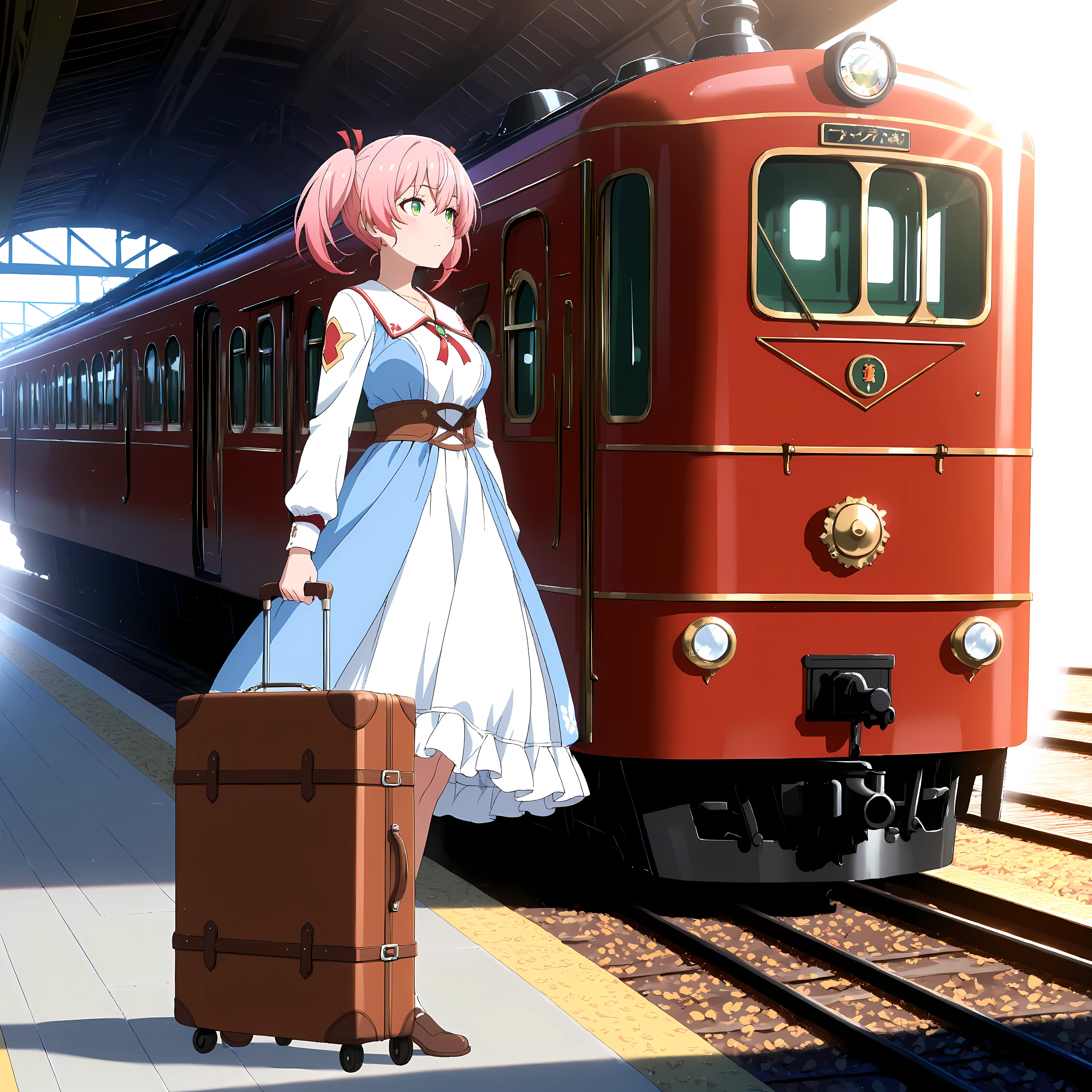 Fullbody, best quality, amazing quality, masterpiece, absurdres, ultra detailed, high quality, high resolution, high definition, detailed eyes, anime eyes, high detail eyes, multicolored iris, detailed iris, anime style, Yui (Yuusha Party wo Tsuihou sareta Shiromadoushi), short twintails, pink hair, green eyes, hair ribbon, red ribbon, a bittersweet expression, looking back one last time, standing on a vintage train station platform, an old-fashioned steam train is waiting in the background, steam billowing gently, wearing a simple travel dress, holding a single suitcase, late afternoon sunlight casting long shadows, nostalgic and emotional atmosphere, dynamic composition, soft lighting, detailed background, cinematic lighting, vivid colors.