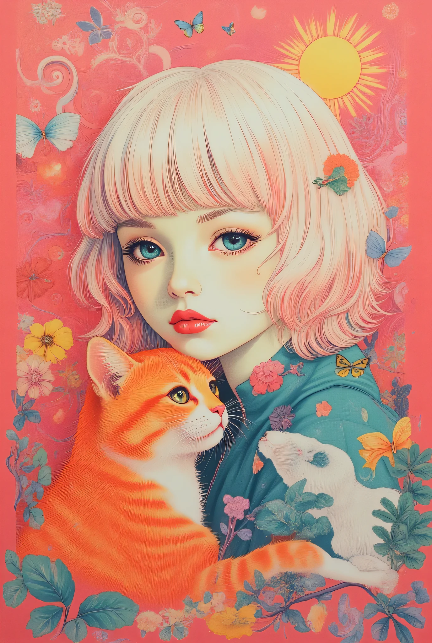 catと少女、(masterpiece:1.4, excellent quality,Mirror-like,cinematic experience,Stylish colors),,,,,,(detailed lips), (Realistic:1.37), (bright colors), (natural lighting), (Improve your focus), (ハイパーdynamic・レンジ), (Bokeh), ( by contrast ), (Kilo:1.2), (elegant), (Elegance), (like々Shii), (Luxury Accessories), (Sparkling eyes), (sparkle), ( calm), (sparkle), (dream-like), (dynamic), (), (sensitive), (Dramatic), (complicated), (Eternals), (Beautifully dressed), (mysterious), (mysterious), (mysterious), (Perfect perfection), (funny), (personality), (masterpiece), (high resolution), (best quality, 4K, 8k), Alone,ld girl,cat，,,,, ,depth of field,  bright image by Pu alone, movie-like lighting, lens flare by sun, federated edge frame, 