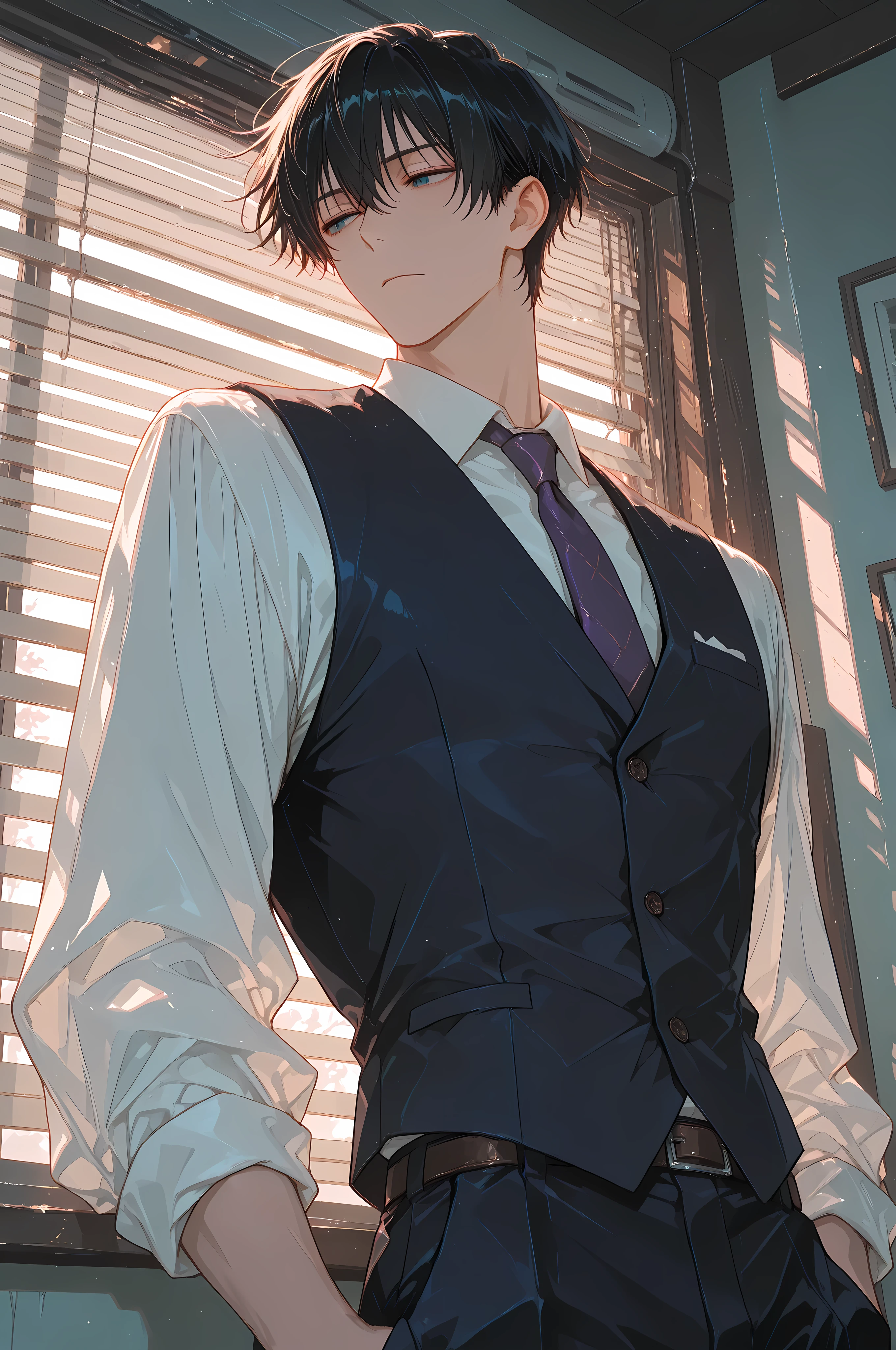 anime masterpiece, best quality, 1boy, semi-portrait, a handsome young man in a classic three-piece suit (white shirt, vest, tie). He has neatly styled black hair and light-colored eyes. His expression is thoughtfully confident, looking into the distance. He stands in a three-quarter turn pose. In the background, window blinds create soft shadows and texture. Soft, diffused daylight filters through the blinds, illuminating the scene. Calm and elegant atmosphere, style of Jujutsu Kaisen and Vanitas no Carte, detailed clothing, sharp features. Muted color palette. view from below