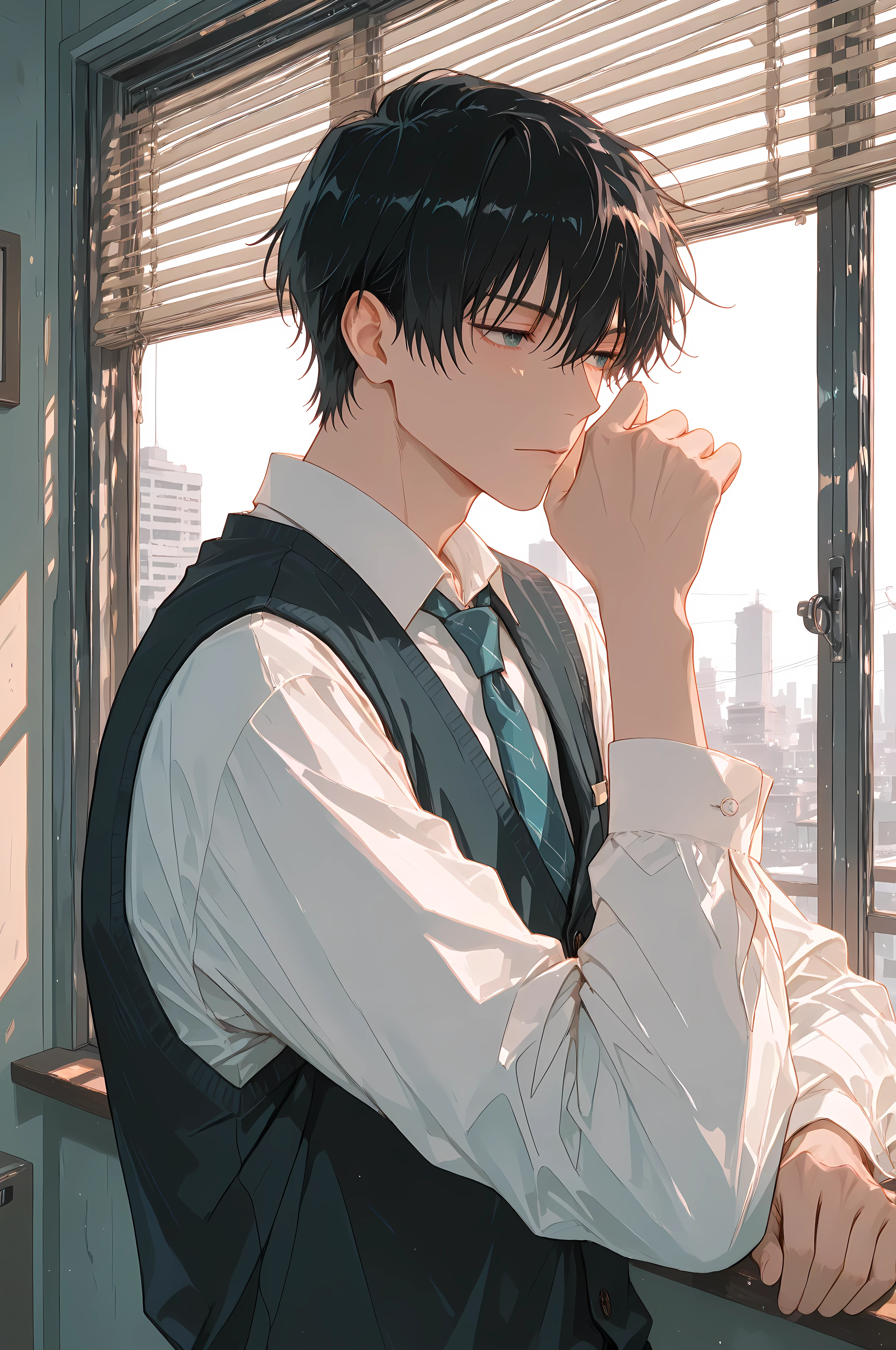 anime masterpiece, best quality, 1boy, medium shot, a handsome young man in a classic three-piece suit (white shirt, vest, tie). He has neatly styled black hair and light-colored eyes. His expression is thoughtfully confident, looking into the distance. He stands in a three-quarter turn pose. In the background, window blinds create soft shadows and texture. Soft, diffused daylight filters through the blinds, illuminating the scene. Calm and elegant atmosphere, style of Jujutsu Kaisen and Vanitas no Carte, detailed clothing, sharp features. Muted color palette.