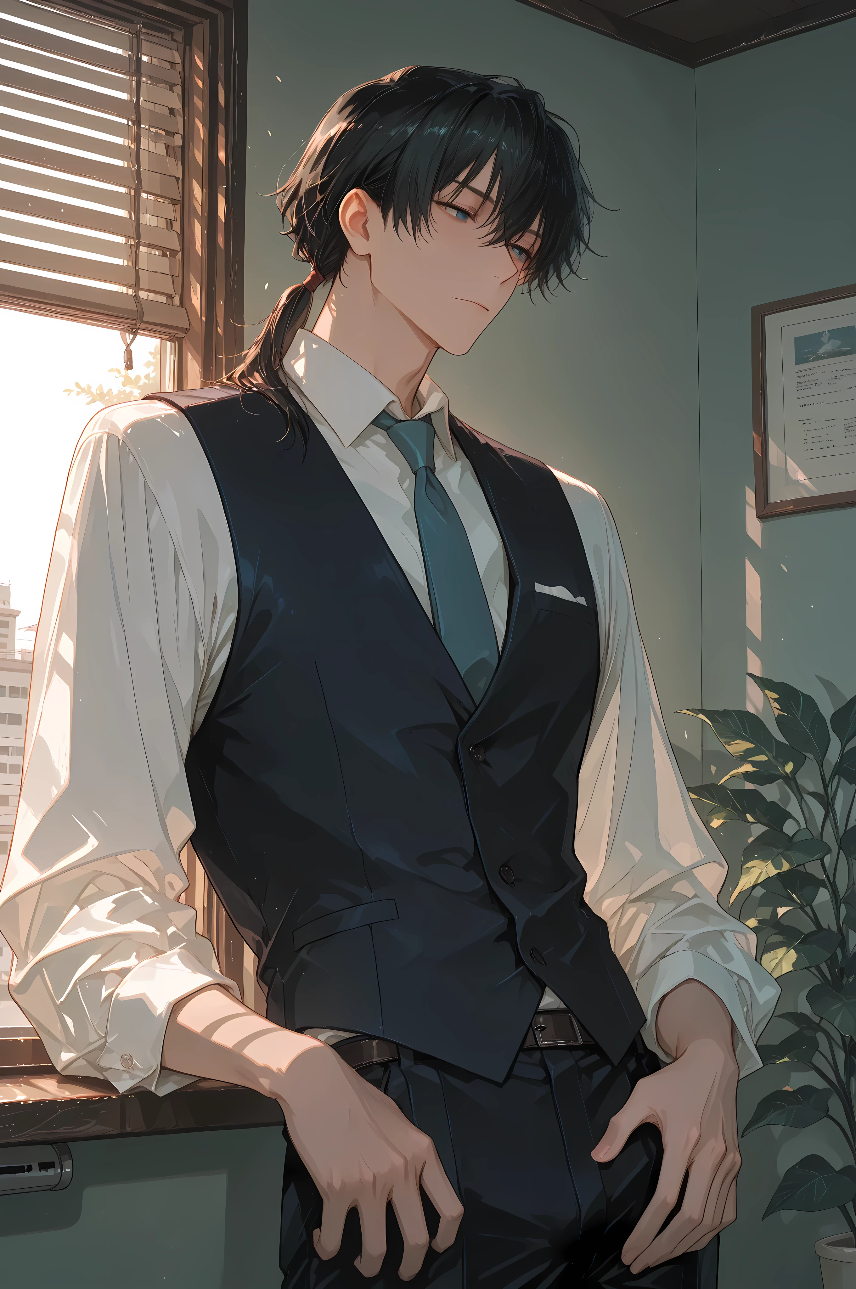 anime masterpiece, best quality, 1boy, medium shot, a handsome young man in a classic three-piece suit (white shirt, vest, tie). He has neatly styled black hair and light-colored eyes. His expression is thoughtfully confident, looking into the distance. He stands in a three-quarter turn pose. In the background, window blinds create soft shadows and texture. Soft, diffused daylight filters through the blinds, illuminating the scene. Calm and elegant atmosphere, style of Jujutsu Kaisen and Vanitas no Carte, detailed clothing, sharp features. Muted color palette.
