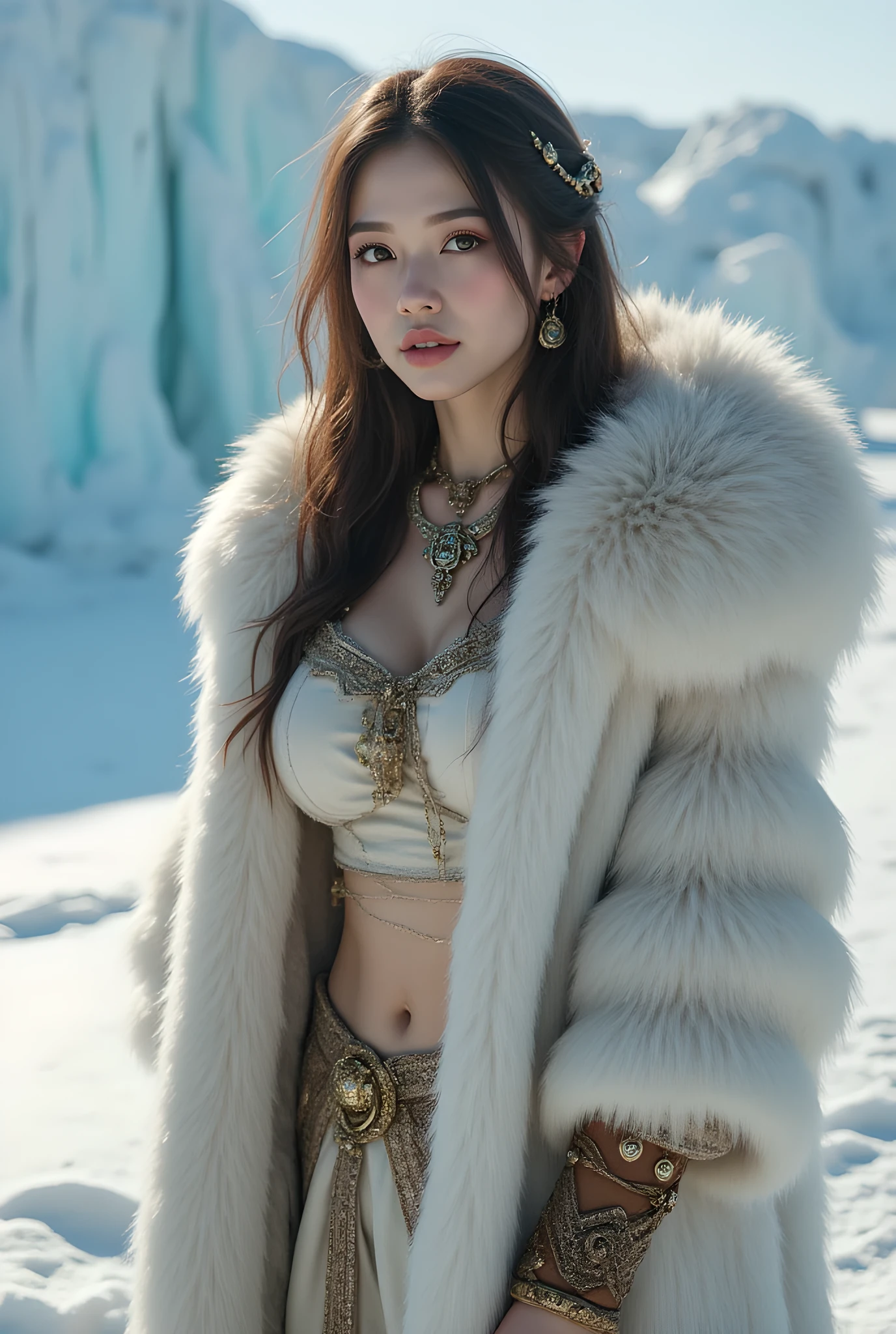 Primitive age era, (ice age era:1.6), ((Realistic cinematography ultra-wide angle depth intense details of realistically stunning ice sheet landscape scenery)),a focusing realistic busty happy female,an ultra detailed snowy scenery,livelihood,(every features are depicted clearly),(realistically and intricately ice Age scenery),((prehistoric age)),,(ancient long fur cloak Eskimo robe),,(perfectly depth symmetrically precisely full body busty form),(cinematic dynamically camera widely angle scenery:accurately depicted:1.3),the lively prehistoric cradle of historcal depicting scenery,midday,realistically full depth,winter season,(cinematography dynamic angle|hyperrealistic:realistic scenery:3d texture over the scenery),best videography angle,hdr,, (cinematography vibe),primitive fur fabric wardrobe,(dynamic image composition),(octane 3d rendering|50mm lens shot:1.3),(precise lifelike skin texture:lifelike hairs:realism),(best rule of third photography composition),(best image aperture),(full details depth of field),(best shutter speed),(RAW photo image),(photorealistic|photorealism:hyperrealism style),(realistic depth 3d:cgi:1.3),(trending on cgsociety:devianart:unreal engine 5),,(best photography:national Geographic style), bronzePunkAi and sandalPunkAi artwork, digital art,best lighting concept,(realistic intricately fixed truly fully human's anatomy body+hands+and+fingers anatomical),natural motion,inspired by farcry5 game artwork.