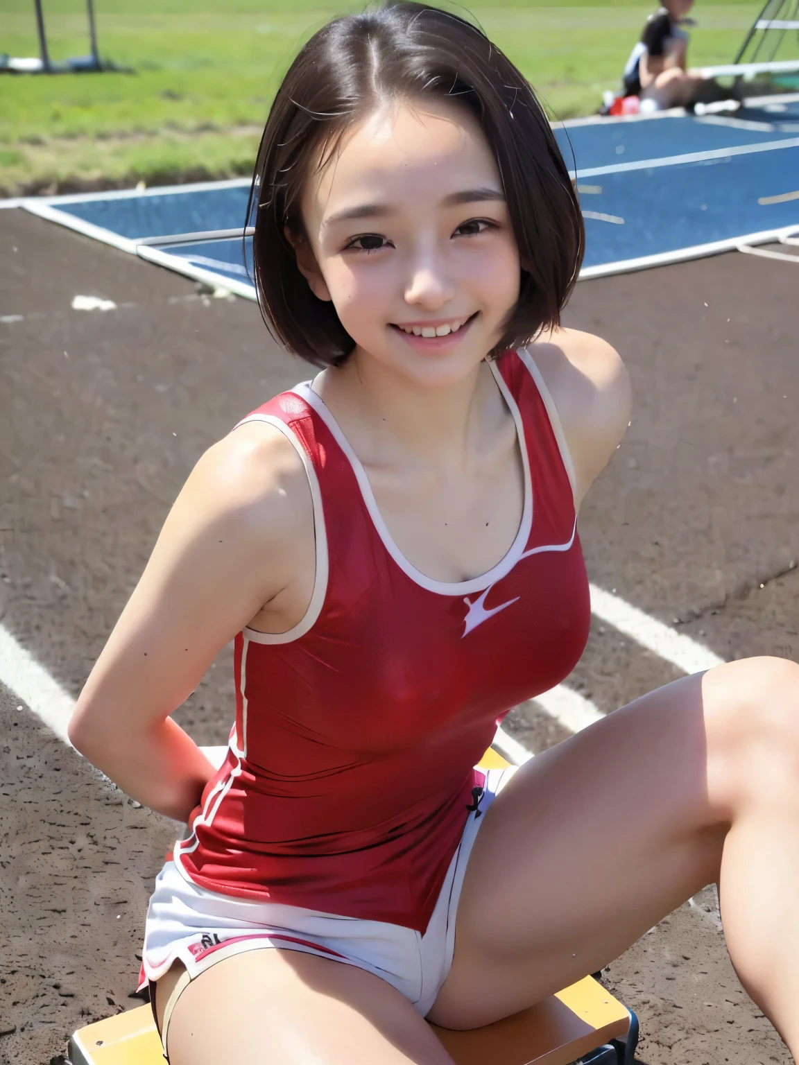 (Outdoors、taken from an angle from below、Highest Quality、extremely delicate details、delicate skin、realistic texture、realistic texture、super high image quality:1.2)、(realistic、photorealistic、Original photo:1.3)、bright colors、cutest high school student、baby-like face、(very short haired、pretty forehead、cotton track and field uniform、 Cross-Country Player、loose shorts、Big, taut breasts、Big Cute Eyes、Spread legs、Smooth thighs、Leg focus:1.5)、Perfect Body、(Enchanting、active girl、cute smile、Pretty Legs、sitting with legs spread、Both hands behind back、Leg focus:1.7)、Accurate leg shape、Perfect Anatomy、full body shot