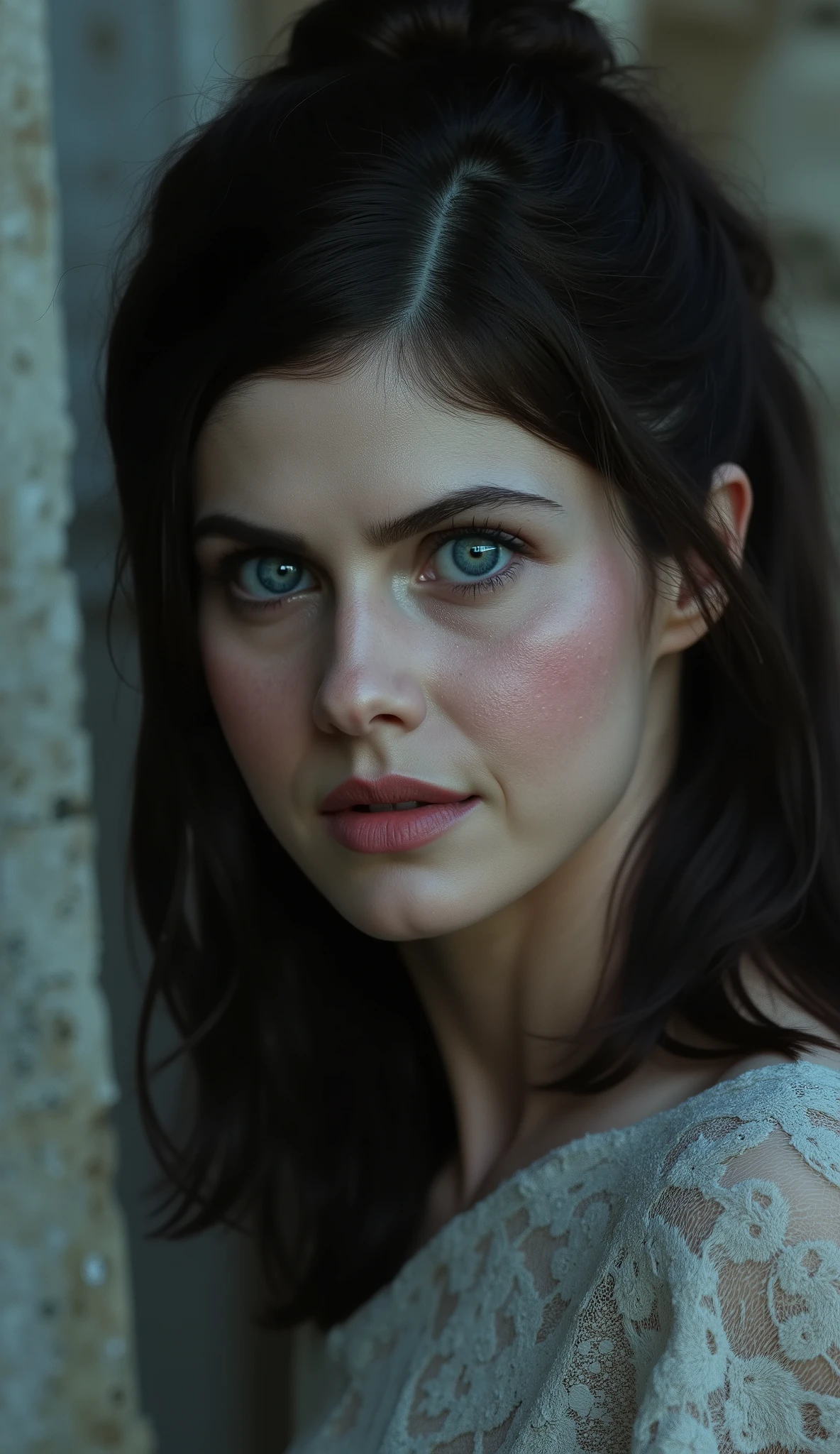 Ultra-realistic close-up of gal gadot 
Background: palace ruins with moonlight shining through.
Lighting: soft moonlit glow, rim light outlining her silhouette.