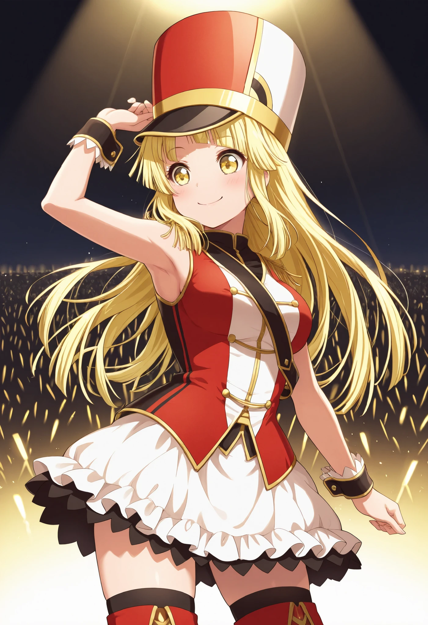 Volumetric Lighting, (masterpiece), (best quality), (ultra-detailed), illustration, ((disheveled hair, very good hair))), detailed eyes, perfect composition, moist skin, intricate details, very good lighting BREAK, Tsurumaki Kokoro, long hair, blonde hair, yellow eyes BREAK, kokorohhw, hhw skirt, hhw shako cap, hhw band uniform, hhw wrist cuffs, hhw thigh boots BREAK, ((outdoor live on stage background)), smile,glossy lips,closed mouth, arm up, armpit ,cowboy shot