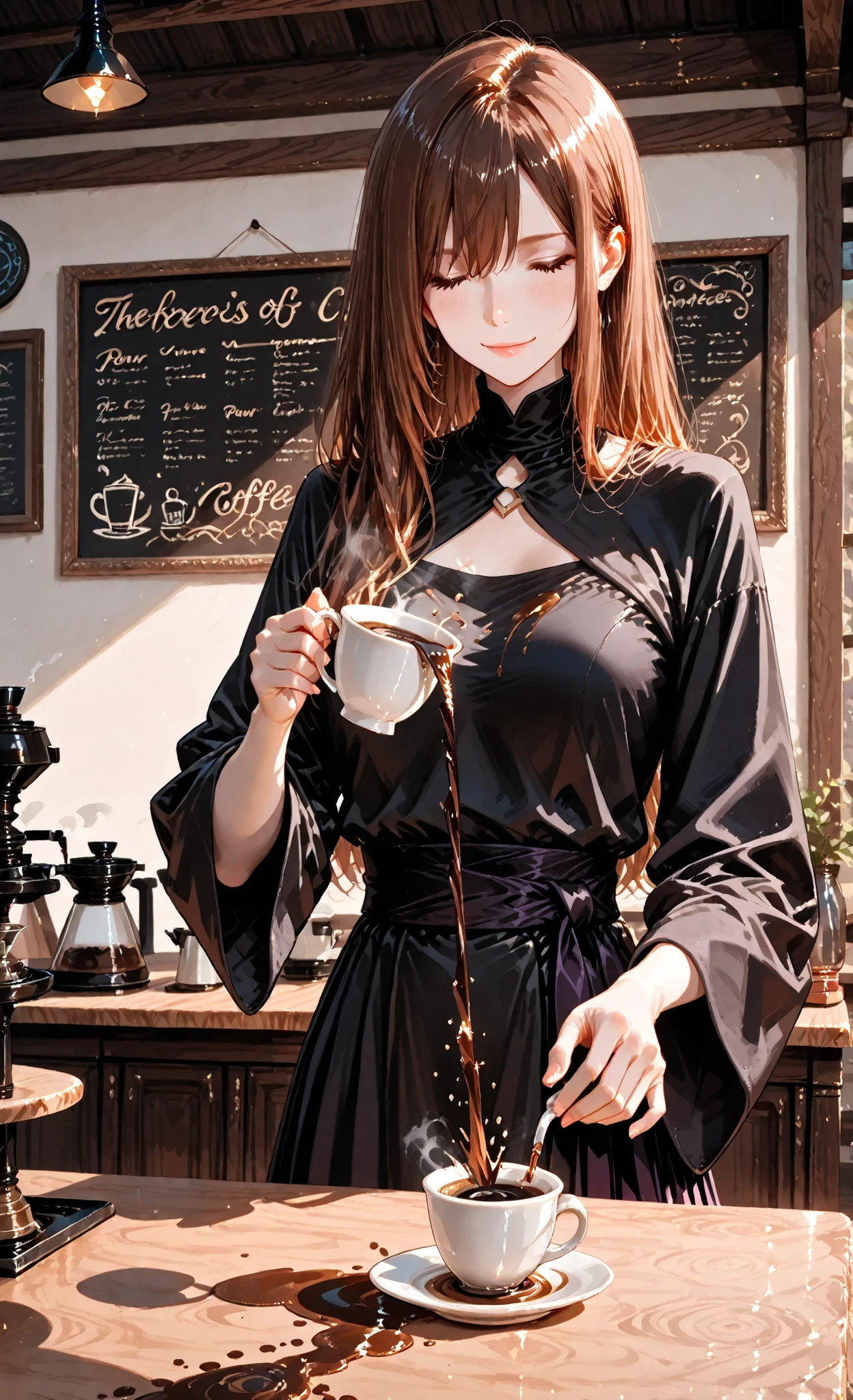 A sorceress ,(Holding a cup of coffee,Pour coffee on the table, pouring out coffee ,Coffee flows out),There is a table in front of the sorceress,The shadow of a mini-city on the table