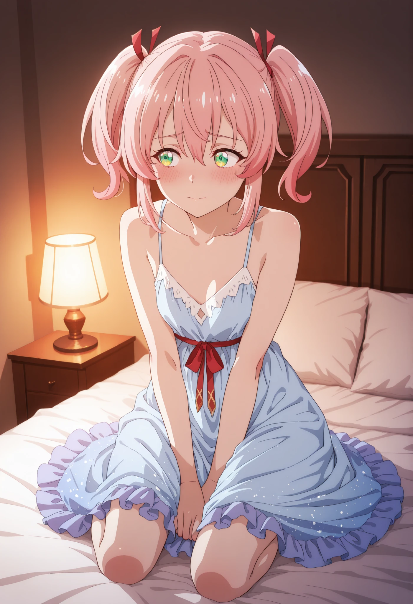 Fullbody, best quality, amazing quality, masterpiece, absurdres, ultra detailed, high quality, high resolution, high definition, detailed eyes, anime eyes, high detail eyes, multicolored iris, detailed iris, anime style, Yui (Yuusha Party wo Tsuihou sareta Shiromadoushi), short twintails, pink hair, green eyes, hair ribbon, red ribbon, wearing a beautiful and soft light blue evening dress, sitting on the edge of a bed in a cozy bedroom, shy expression, blushing heavily, looking away bashfully, gentle and intimate atmosphere, soft indoor lighting from a bedside lamp, detailed background, cinematic lighting, warm colors.

