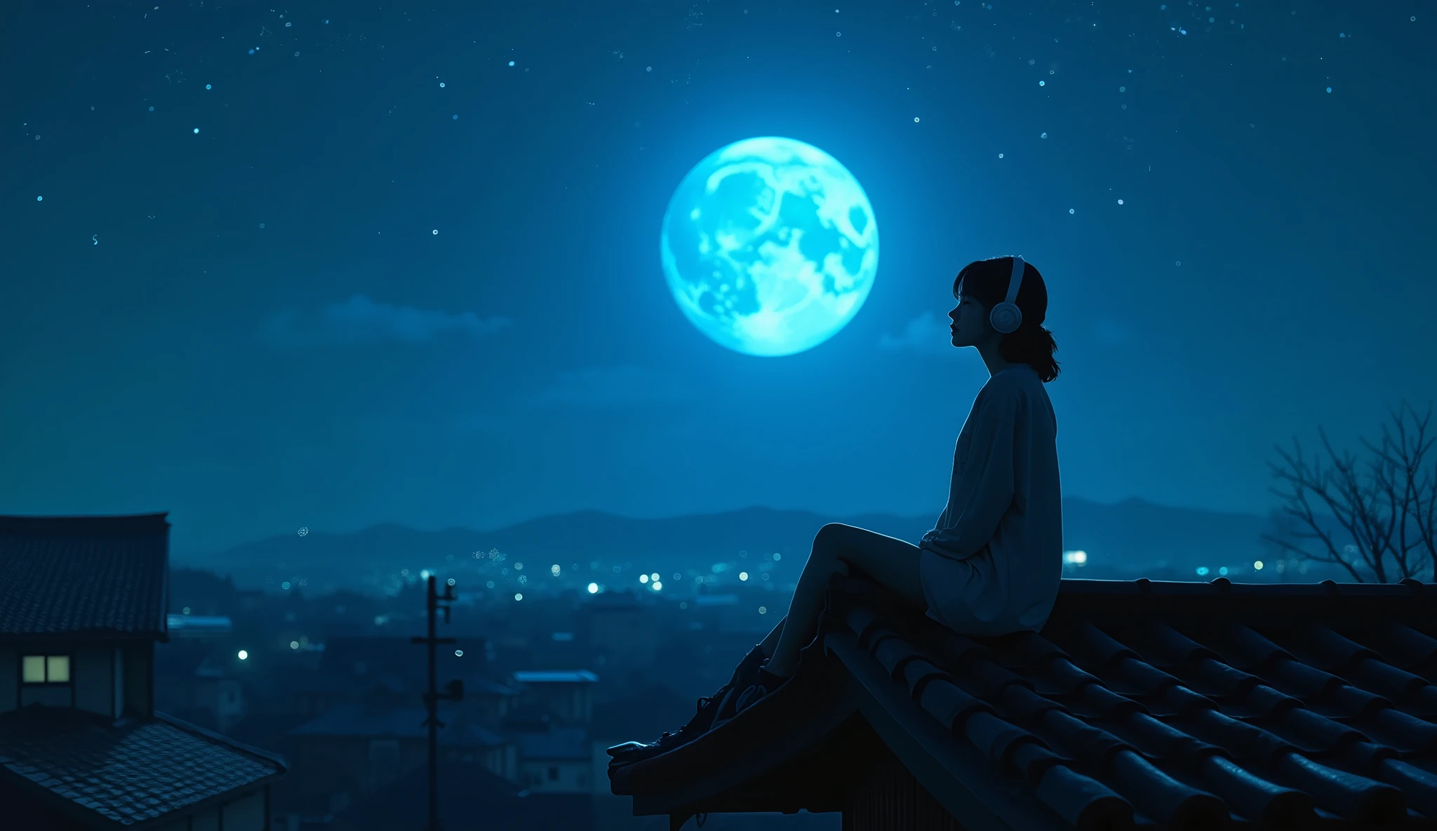A young woman sitting on the peak of a traditional Japanese tiled roof, at the triangular ridge, in a quiet 1980s Showa-era residential neighborhood at night. She is wearing headphones, eyes gently closed, listening to music. The starry sky above glows with a bright blue full moon, illuminating her figure softly with a dreamy, nostalgic light. The houses below are old-fashioned wooden homes with tiled roofs, no modern buildings, spreading out silently in the dim night. The scene is calm, realistic, and cinematic, filled with a lo-fi aesthetic and nostalgic 1980s Showa vibe. The woman is depicted in a natural, anatomically correct pose, with correct proportions, no distortions, her body and limbs appearing realistic and harmonious. The focus is on her glowing under the blue moonlight on the rooftop in a serene and quiet night scene.