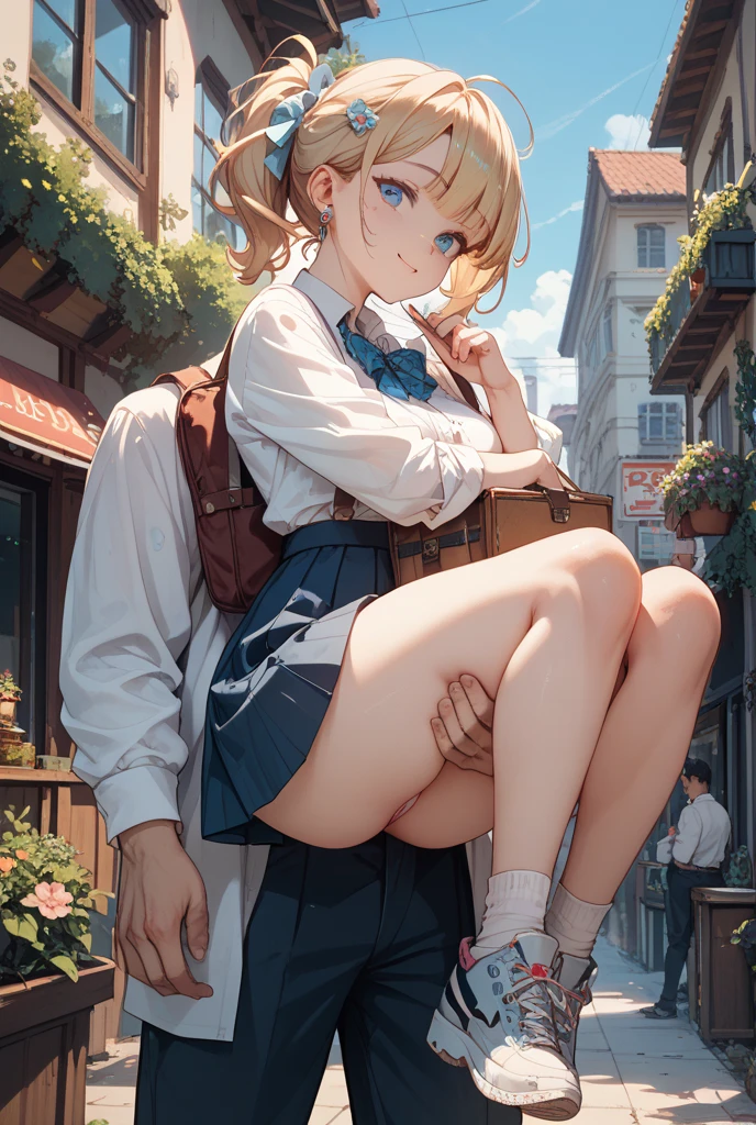 Character Focus、From above(school uniform:1.3), (Plain beige clothing around the waist:1.5), (West knot:1.3), (white collared-shirt:1.4), ((white collar, Unbutton, Short sleeve):1.2), (Red Plaid Pleated Skirt:1.3), ((necklace, Colorful Bracelets, ×Hair accessories):1.2),
Very detailed、(8k, RAW Photos, highest quality, masterpiece:1.2), (extremely detailed 8k wallpaper),shape、Professional Lighting,Sharp focus, Written boundary depth、
Browsing Caution、Clear Eyes、Perfect 、With a girl、15-year-old student、Black Gal(Dark Skin:1.2)、(Oily skin,Glowing Skin,Shiny skin,Sweat:1.2),smile、Plump thighs、Huge 、Fully exposed、,(gap between buttons:1.4)、Lift up your skirt、blue eyes、blonde、(Compensate:1.1)、(Black High Socks 1.3)、:1.6、Brown Loafers、sitting、((:1.5))，On the street、Pastel colored pantiesが見えている、((Pastel colored panties))、((Shiny panties))、((Normal position:1.4))、(((Squatting pose)))，((I was made to sit with my ...))、, squatting, 、, blazer,