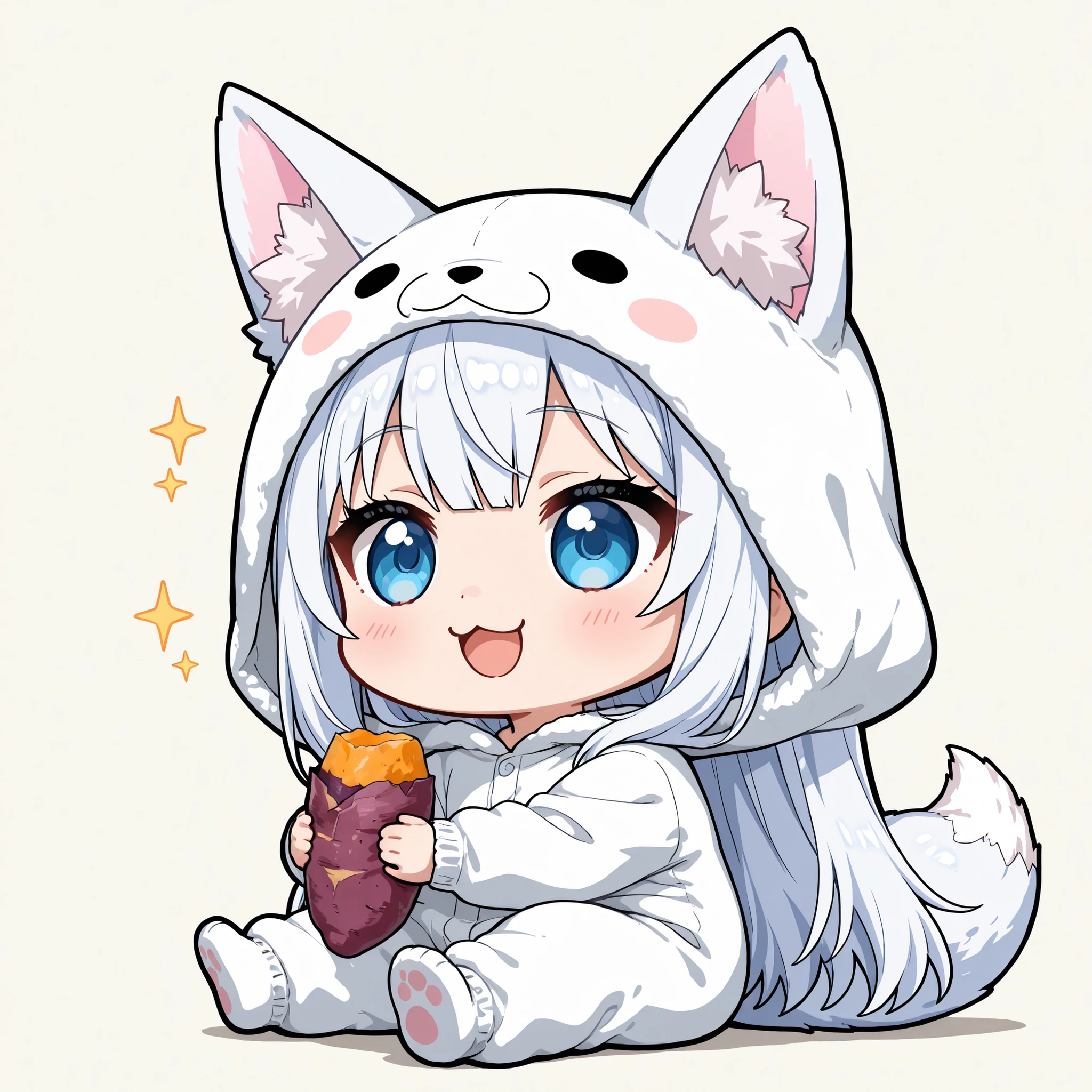 ((Masterpiece)),((best quality)),((incredibly absurdres)),((8K)),(anime style), no realism,,
(1 chibi girl),(Deformed chibi:1.3),(anime chibi),solo,white hair,long hair,straight hair,blue eyes,baby face,cute,kawaii,BREAK (white fox tail),fluffy tail,(white fox ears),pink inner ear,(white inner ear hair),
(:3),smile,open mouth,facing ahead,,BREAK
wearing a (sweet potato Kigurumi:1.2),
sitting on floor,
simple background,
full body,black outline,bold,