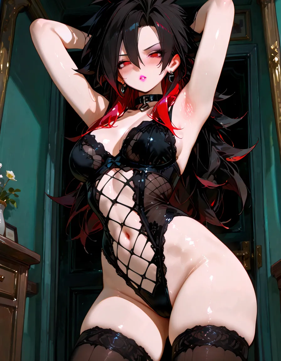 ((mejor calidad)), ((Obra maestra)), (detallado), cara perfecta, Joven de cabello  largo y lacio, ojos rojos, pale skin, asian factions, 19 years, esbelta, busto mediano, bonitas curvas, estilo anime, elegante, only character in the image, red eyes, waiting for you, cute face, , pole dance clothes, night club, doing pole dance, night, club, sutil  slip, , wet, black hair
