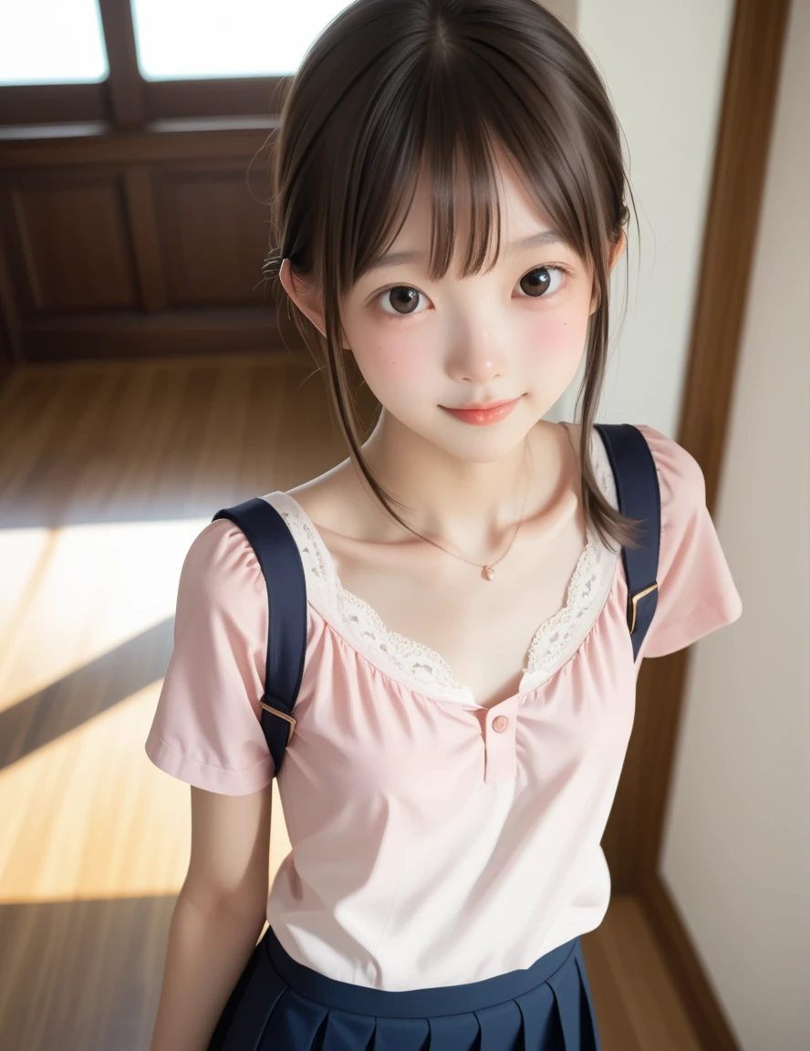 One girl, Fluffy short hair,Black Hair,smile,Inside the room, pink,Shoulder strap,Bed,Sit down,Innocence,6th grade elementary school,Look here,Close-up of a small valley in the chest,, (masterpiece, Highest quality), Soft Light, Structure of the film, Like a movie
