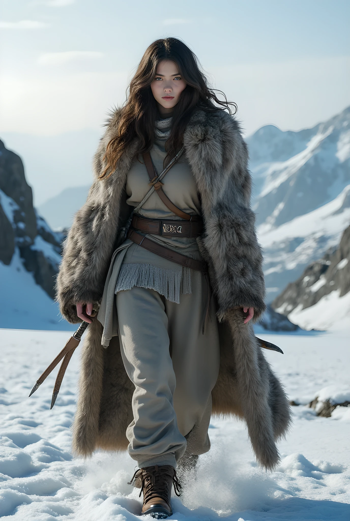 Primitive age era, (ice age era:1.6), ((Realistic cinematography ultra-wide angle depth intense details of realistically stunning ice sheet landscape scenery)),a focusing realistic happy female wanderer,an ultra detailed snowy scenery,livelihood,(every features are depicted clearly),(realistically and intricately ice Age scenery),((prehistoric age)),,(ancient long fur cloak Eskimo robe),,(perfectly depth symmetrically precisely full body busty form),(cinematic dynamically camera widely angle scenery:accurately depicted:1.3),the lively prehistoric cradle of historcal depicting scenery,midday,realistically full depth,winter season,(cinematography dynamic angle|hyperrealistic:realistic scenery:3d texture over the scenery),best videography angle,hdr,, (cinematography vibe),primitive fur fabric wardrobe,(dynamic image composition),(octane 3d rendering|50mm lens shot:1.3),(precise lifelike skin texture:lifelike hairs:realism),(best rule of third photography composition),(best image aperture),(full details depth of field),(best shutter speed),(RAW photo image),(photorealistic|photorealism:hyperrealism style),(realistic depth 3d:cgi:1.3),(trending on cgsociety:devianart:unreal engine 5),,(best photography:national Geographic style), bronzePunkAi and sandalPunkAi artwork, digital art,best lighting concept,(realistic intricately fixed truly fully human's anatomy body+hands+and+fingers anatomical),natural motion,inspired by farcry5 game artwork.