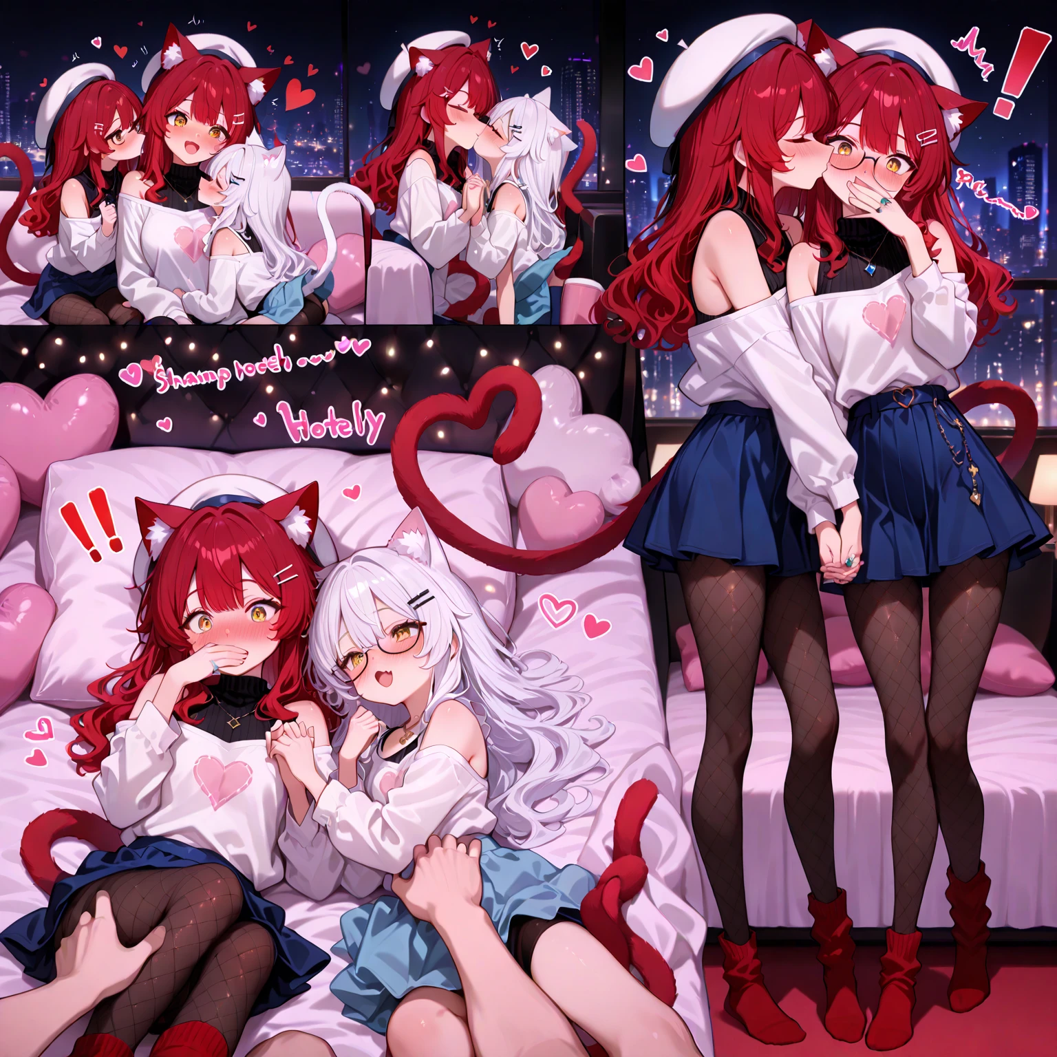 High quality, masterpiece, ultra-detailed, highly detailed outfit, choker, without bra, very tight evening dress, 2 girls, peaceful expression, long hair, fox ears, enchanting shiny eyes, ridiculously large breasts, laying on bed, bedroom, many heart-shaped balloons, large amount of balloons