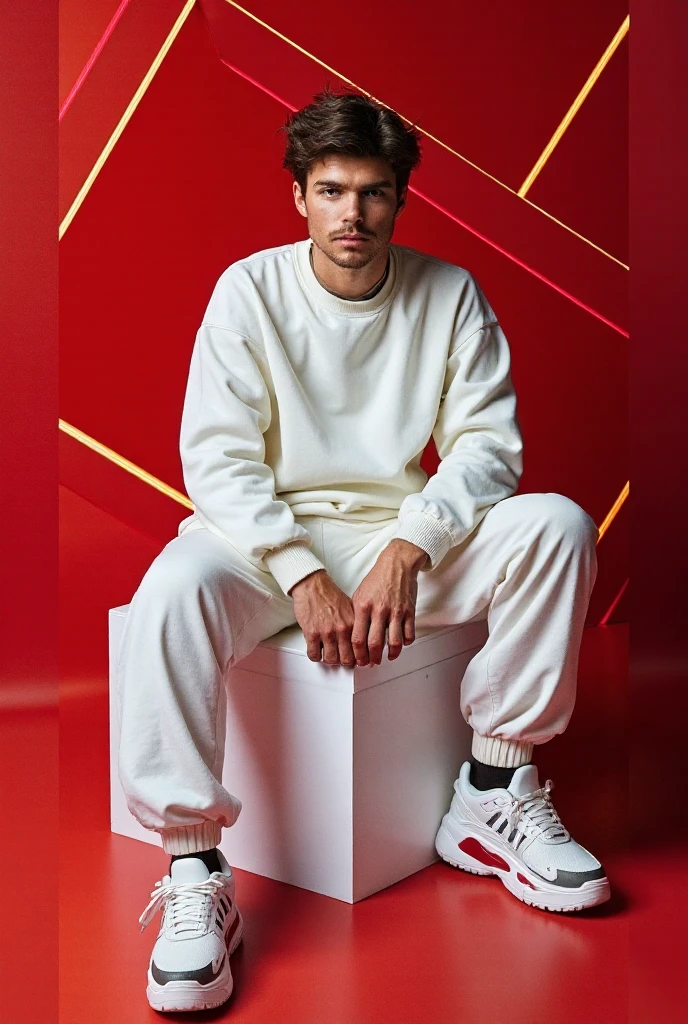 Electric handsome boy with loose clothes red and white. 