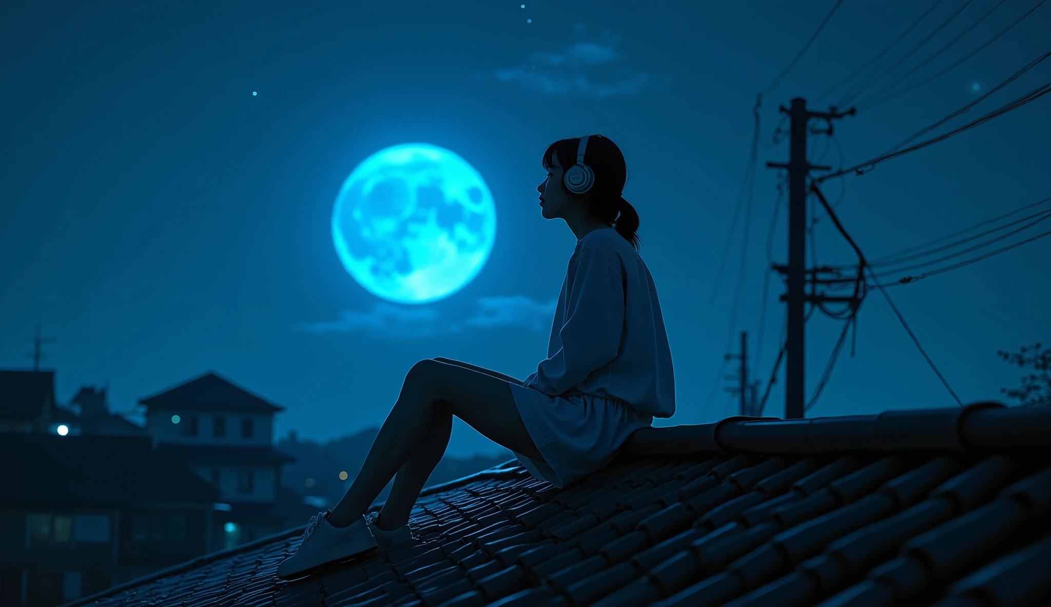 A young woman sitting on the peak of a traditional Japanese tiled roof, at the triangular ridge, in a quiet 1980s Showa-era residential neighborhood at night. She is wearing headphones, eyes gently closed, listening to music. The starry sky above glows with a bright blue full moon, illuminating her figure softly with a dreamy, nostalgic light. The houses below are old-fashioned wooden homes with tiled roofs, no modern buildings, spreading out silently in the dim night. The scene is calm, realistic, and cinematic, filled with a lo-fi aesthetic and nostalgic 1980s Showa vibe. The woman is depicted in a natural, anatomically correct pose, with correct proportions, no distortions, her body and limbs appearing realistic and harmonious. The focus is on her glowing under the blue moonlight on the rooftop in a serene and quiet night scene.