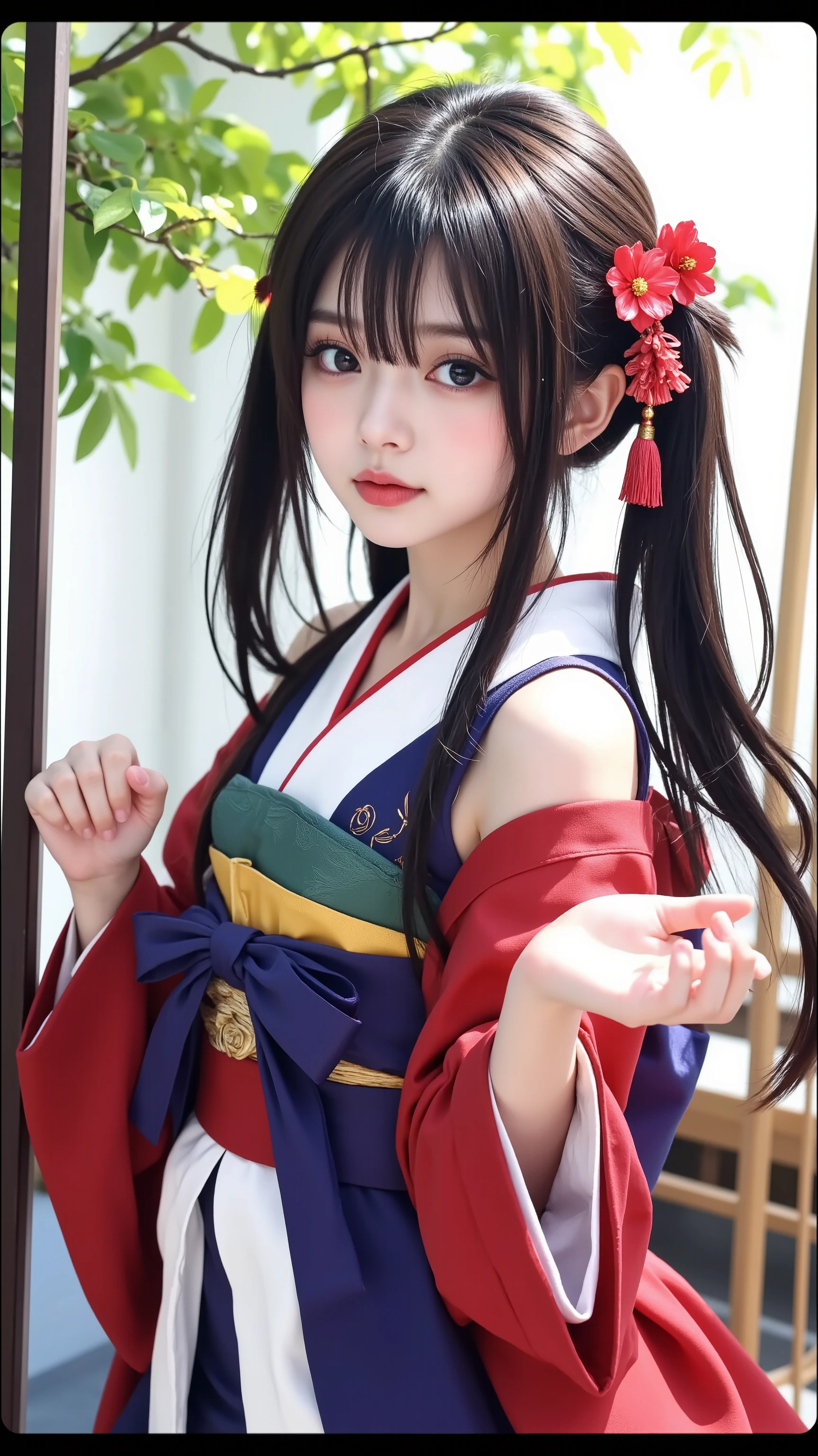 girl In kimono outfit with red flower in her hair, In kimono, In kimono, moe art style, cute bride is wearing a nice dress, zerochan Art, wearing a palace kimono , beautiful girl, Sexy style 4K, Cute Girl, Cute Girlのビジュアル, Attractive girl , beautiful portrait, Marin Kitagawa fanart, Twin Tails, (slender body, waist tightened with a belt), (detailed hands:1.3, perfect hand:1.3), ((cute model face)), greatest masterpiece, Highest Image Quality, Highest Quality