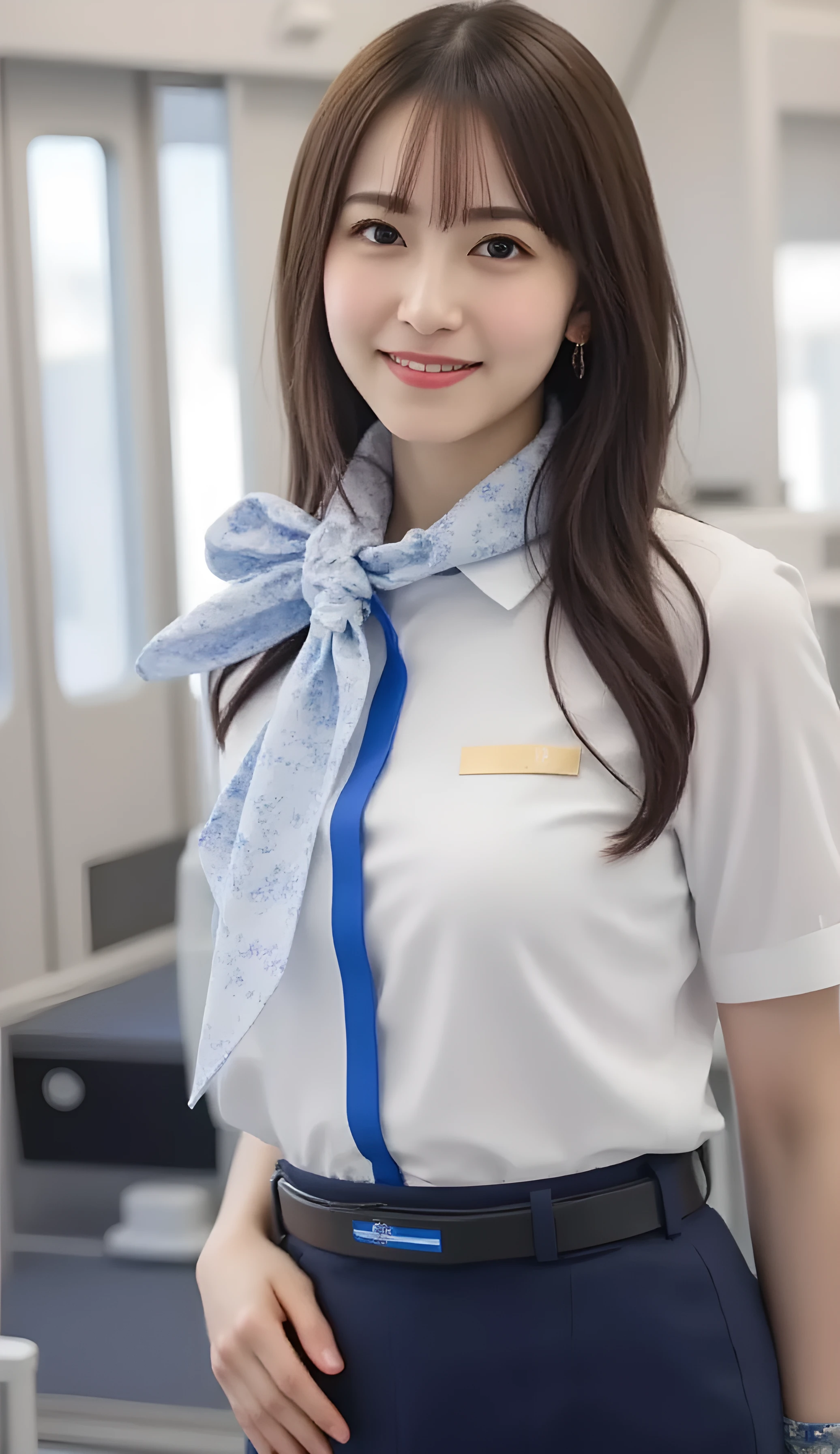 (Highest Quality、table top、8k、winning work、 ultra high res 、Highest Image Quality)、(beautiful woman in ANA flight attendant uniform:1.1)、( white polyester collared shirt、navy blue uniform、navy blue pencil miniskirt、scarf wrapped around the neck)、(The most beautiful smile looking at me:1.1)、((hair beautifully and tastefully gathered at the back))、brown hair、 Libraries 、(she stands gracefully:1.1)、(On the plane:1.1)、背景にOn the planeの様子、居心地の良い Libraries 、natural makeup、color contact lenses、Highlight Your Body Line、 Abundant breasts 、Soft Warm Lighting、detailed airplane interior、(ultra high res の正確な美しい髪:1.1)、(accurate anatomy:1.2)、beautiful eyes with ultra-high definition、(big boobs