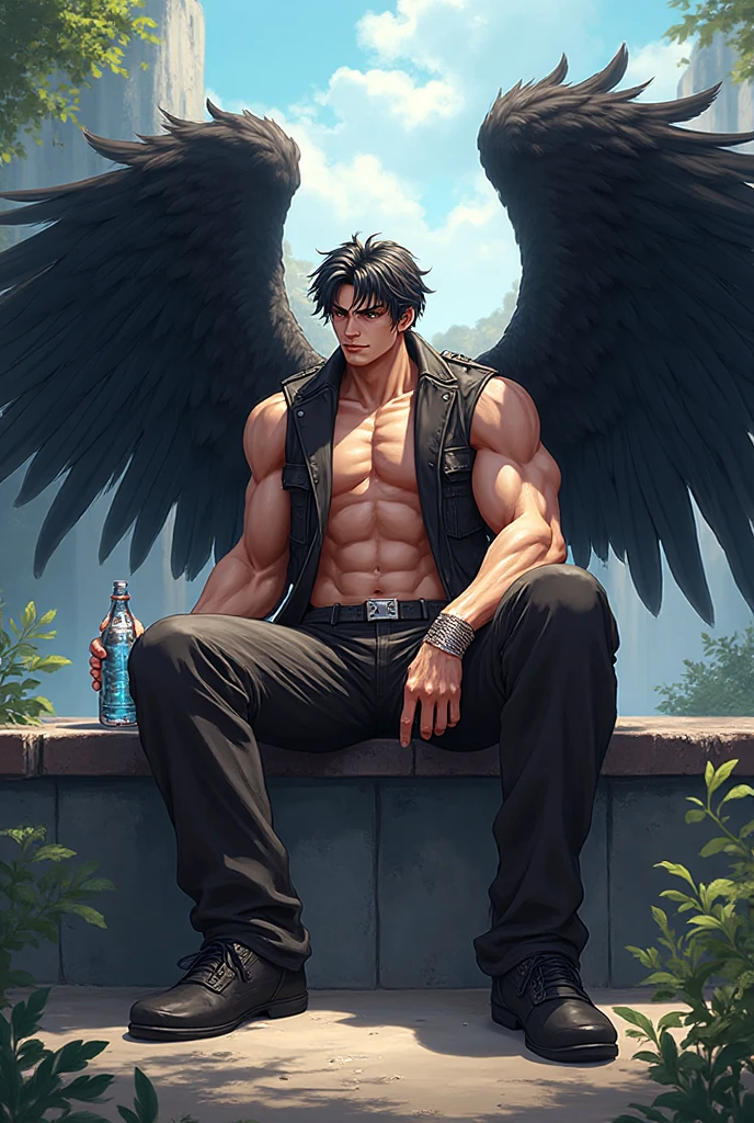 book cover, artistic image, three versions of the character, an angel character, a demon character, human character, Handsome man, white hair, very short hair, ((crew cut: 1)), red eyes, fair skin, (( muscular: 1)), man, 28 years old, muscular, in good shape, muscular. , gold details, brown leather shawl, baggy gray pants, black and brown belts, black boots, brown gloves, lots of belts, red halo, halo behind the head, feathers flying, horns on the head, feathers falling, angel transformation, transformation Demon, human will not transform, three transformations, black feathers, white feathers, elemental power of light, elemental power of shadow, a seraph of chaos, several skeleton hands, power of death, power of life.



