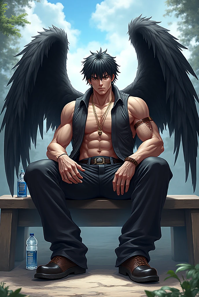 male anime angel sitting on a bench with a water bottle, art as a character in Tekken, King of Fighters character, resting after a hard fight,  asas enormes, asas grandes,  style king of fighters , asas massivas, SNK, black wings instead of,  fighting game character ,   Epic angle and pose  , full-bodied majestic angel, asas gigantes, humano alado, Do it without shorts, Giant , , big , pau enorme, Ebony , 55cm 