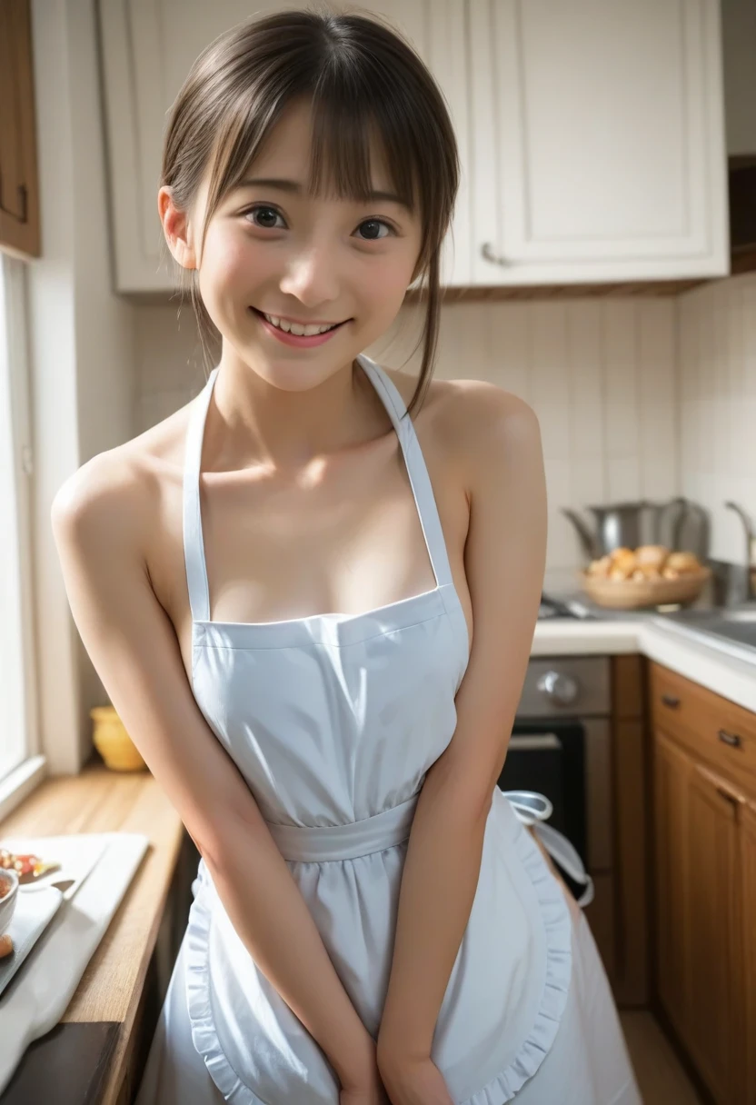 Photorealism, kitchen, , ,  beautiful woman, detailed body, smile, cooking meal, no clothes,