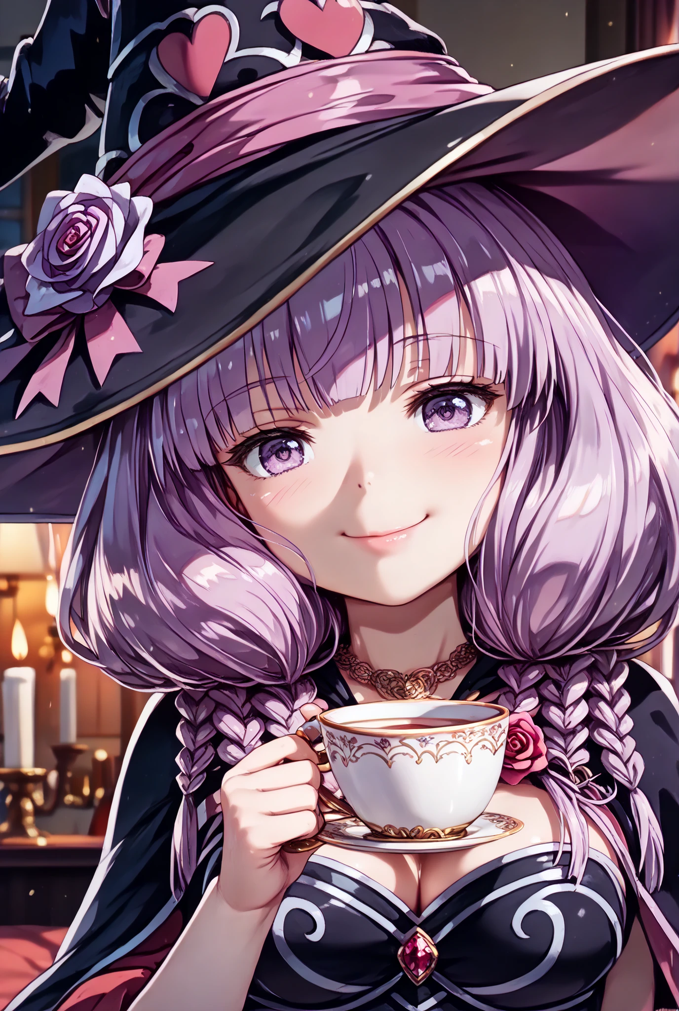 masterpiece,Super Detailed,beautiful faces,And high-precision,cute devil girl,(One Woman),(Wearing a big witch hat:1.5),I'm sitting on the devil's dim bedroom bed,behind her bed is devil's candlestick、candlelight,external, Expression of victory ,I'm sitting on the devil's dim bedroom bed少し赤い下着,thin赤紫色の髪,thin, Eyes rise,Light Purple Eyes,voluminous bob hair,(Close her mouth and make her laugh:1.2),(I have a teacup in her right hand:1.5),very cute,doing a devil's ceremony,My cheeks are blurry and red, (Cowboy Shots:1.ternal expression,