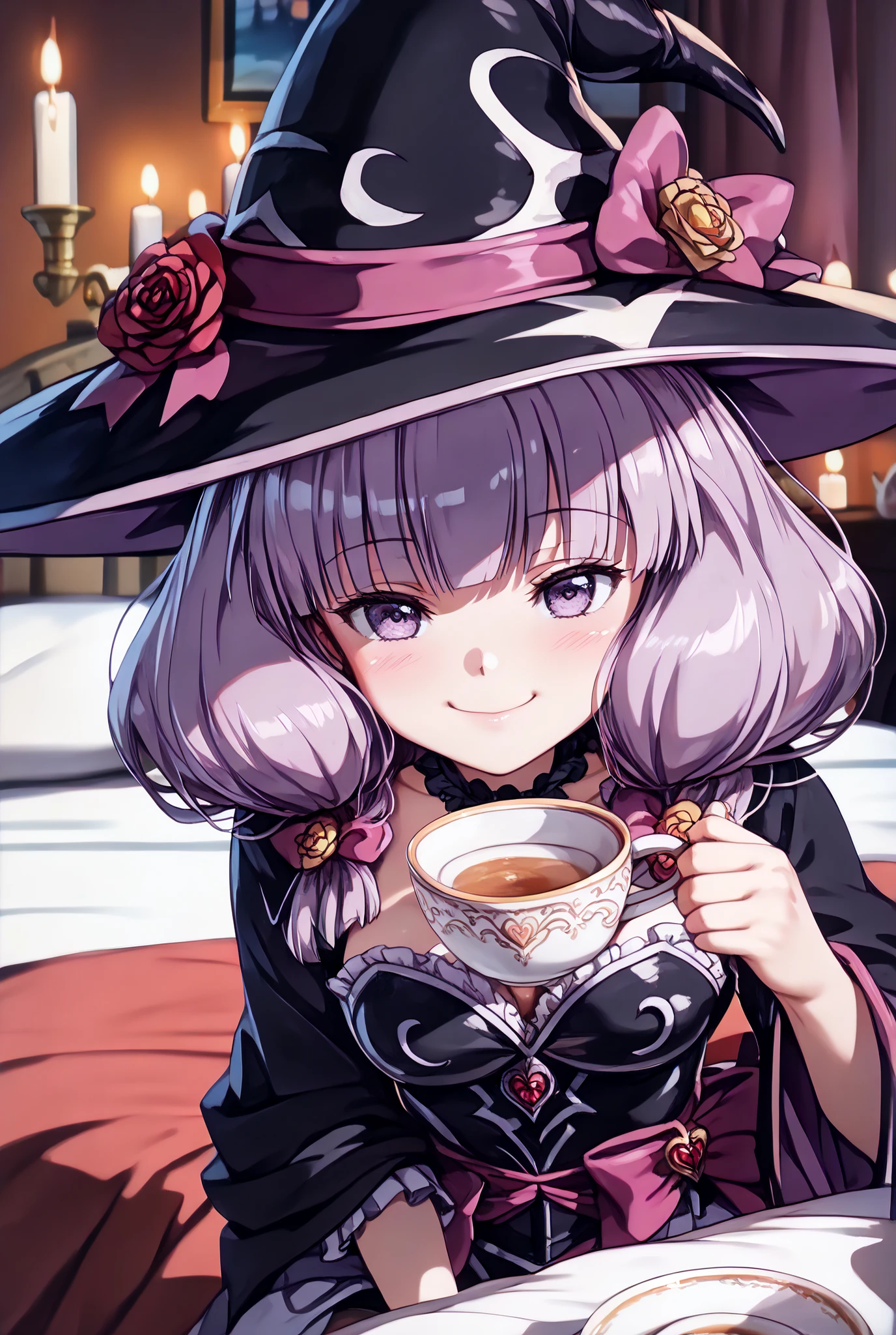 masterpiece,Super Detailed,beautiful faces,And high-precision,cute devil girl,(One Woman),(Wearing a big witch hat:1.5),(I'm sitting on the devil's dim bedroom bed:1.5),behind her bed is devil's candlestick、candlelight,external, Expression of victory ,I'm sitting on the devil's dim bedroom bed少し赤い下着,thin赤紫色の髪,thin, Eyes rise,Light Purple Eyes,voluminous bob hair,(Close her mouth and make her laugh:1.2),(I have a teacup in her right hand:1.5),very cute,doing a devil's ceremony,My cheeks are blurry and red, (Cowboy Shots:1.5),external expression,