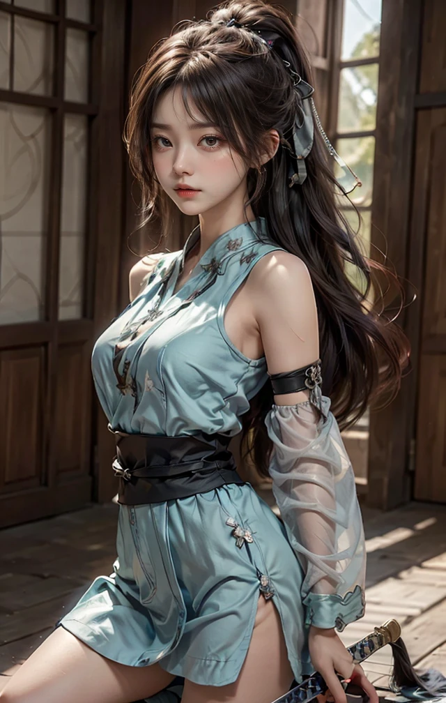 A hyper-realistic portrait of Lady Guren from the anime Naruto, styled for a fashion lookbook YouTube video preview. She stands confidently with one hand on her hip and the other brushing back her long indigo hair, styled in her signature wild, spiky look. Her outfit is a seductive yet elegant reimagining of her classic attire: a short, tight-fitting dark green kimono-style dress with a plunging neckline and side slit revealing her thigh, accented with deep maroon borders and a white crystal flower emblem. The dress is cinched at the waist with a thick rope belt that draws attention to her hourglass figure.

She wears high-heeled maroon sandals, matching long gloves, and delicate silver accessories inspired by ninja aesthetics. Her legs are crossed slightly in a flirtatious pose, and her confident, sultry gaze is directed at the viewer. The background is soft-focused with giant translucent pink crystals glowing behind her, casting subtle reflections and light flares. The lighting is cinematic — soft rim light outlines her curves while warm highlights gently illuminate her skin and hair, giving the image a glossy, editorial finish.

Shot on Kodak Ektar 100 film for ultra-rich colors and stunning detail, with shallow depth of field, high dynamic range, and studio-quality lighting. Designed as a fashion lookbook cover, this image captures both the sensuality and strength of Lady Guren in a captivating, stylized Naruto universe setting.